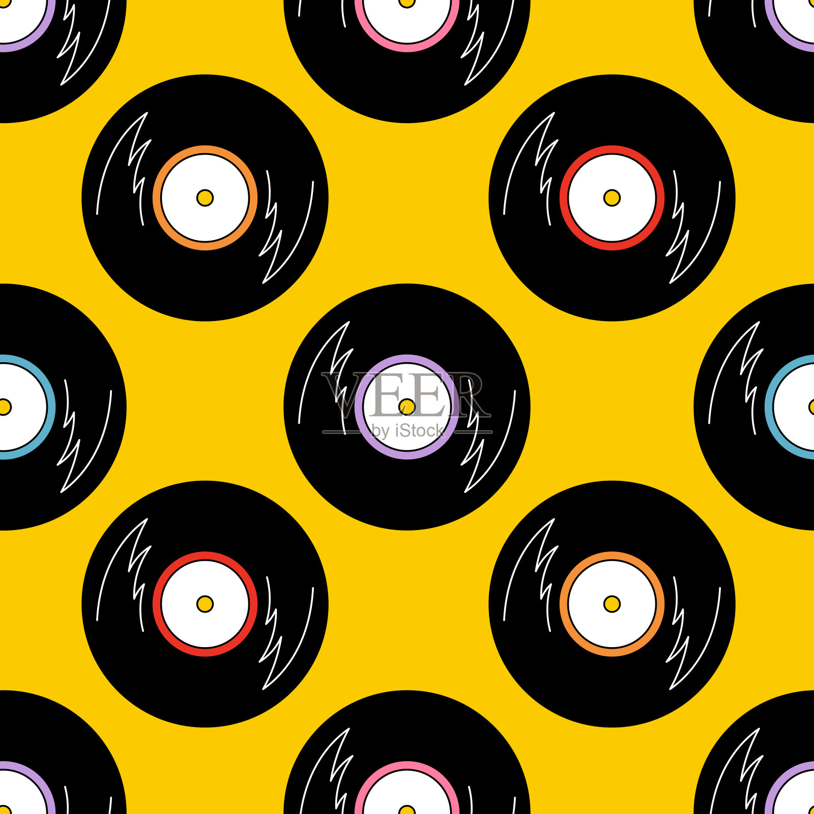 无缝图案与黑胶唱片的黄色背景。插画图片素材