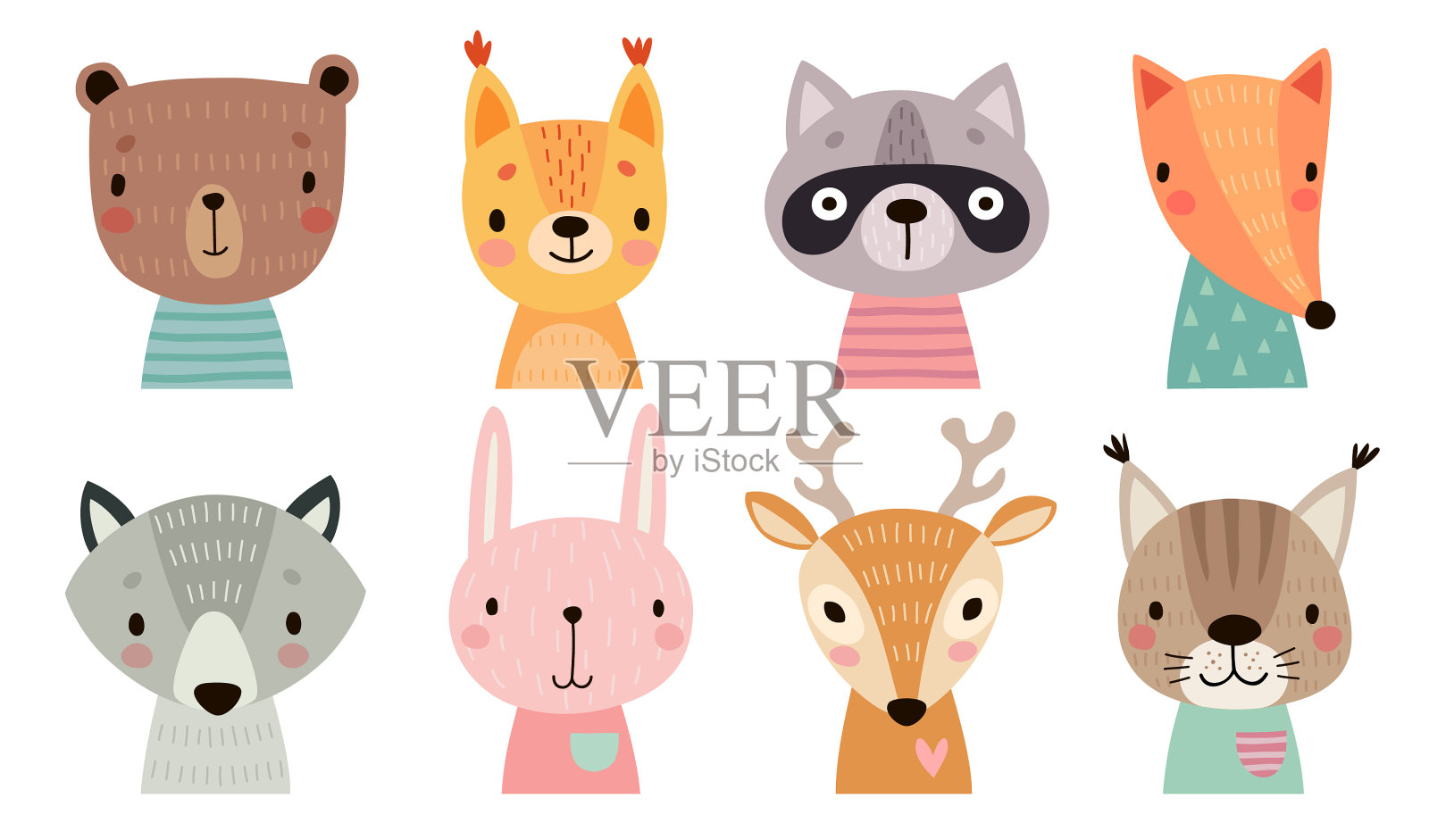 可爱的动物脸手绘字符插画图片素材