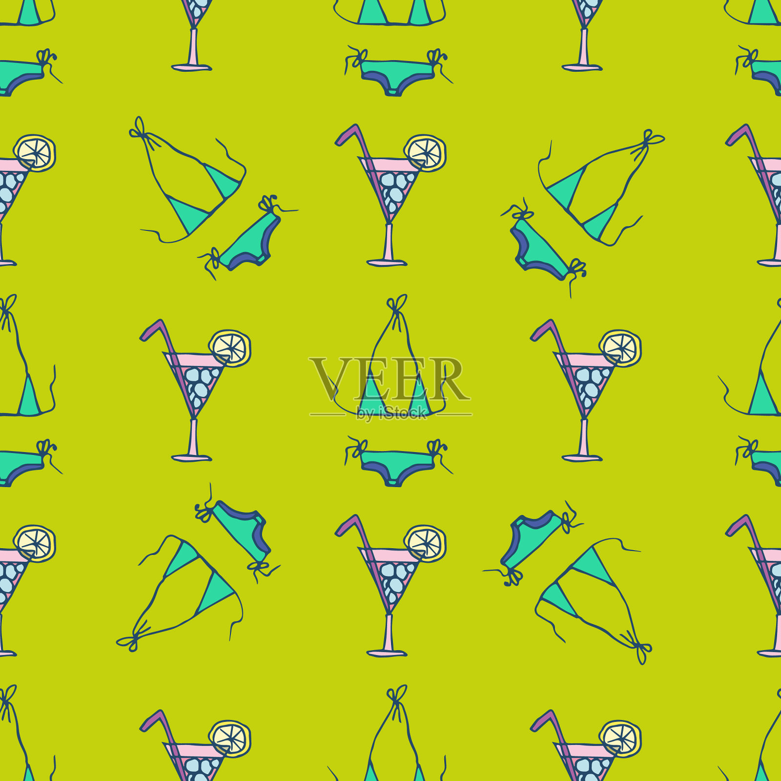 无缝图案与泳装和鸡尾酒插画图片素材