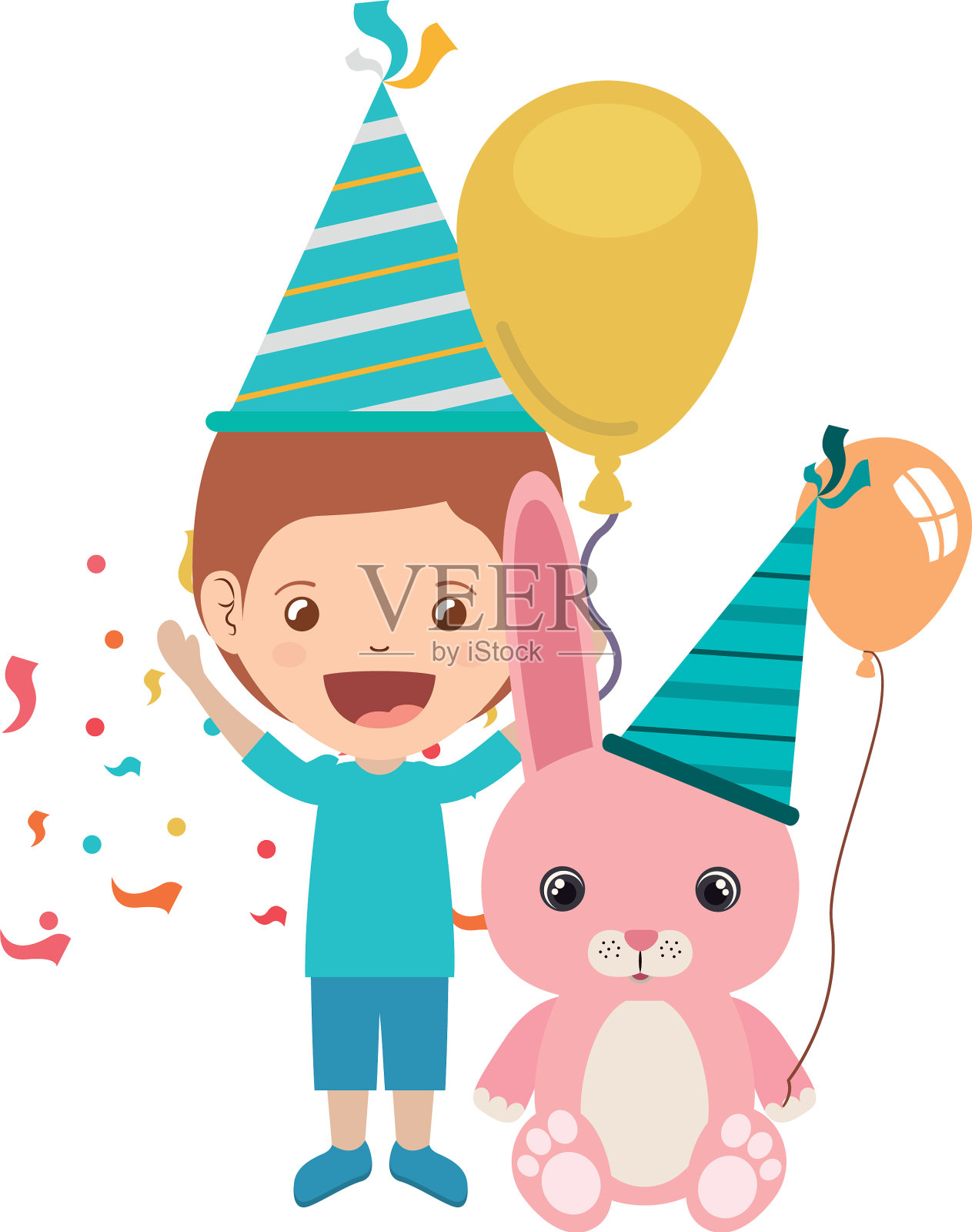男孩和兔子在庆祝生日插画图片素材