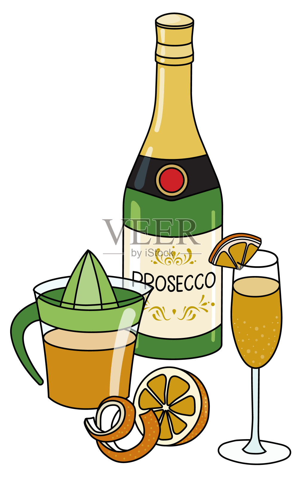 涂鸦卡通含羞草鸡尾酒和成分组成。一瓶prosecco，橙汁和橙汁水果。为酒吧菜单，贴纸或酒精烹饪书食谱。设计元素图片