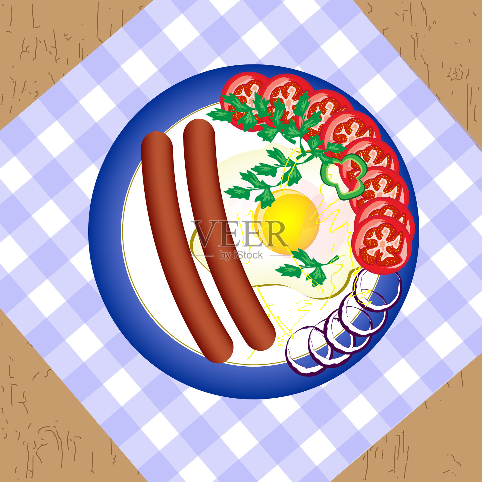 煎蛋配香肠西红柿洋葱插画图片素材