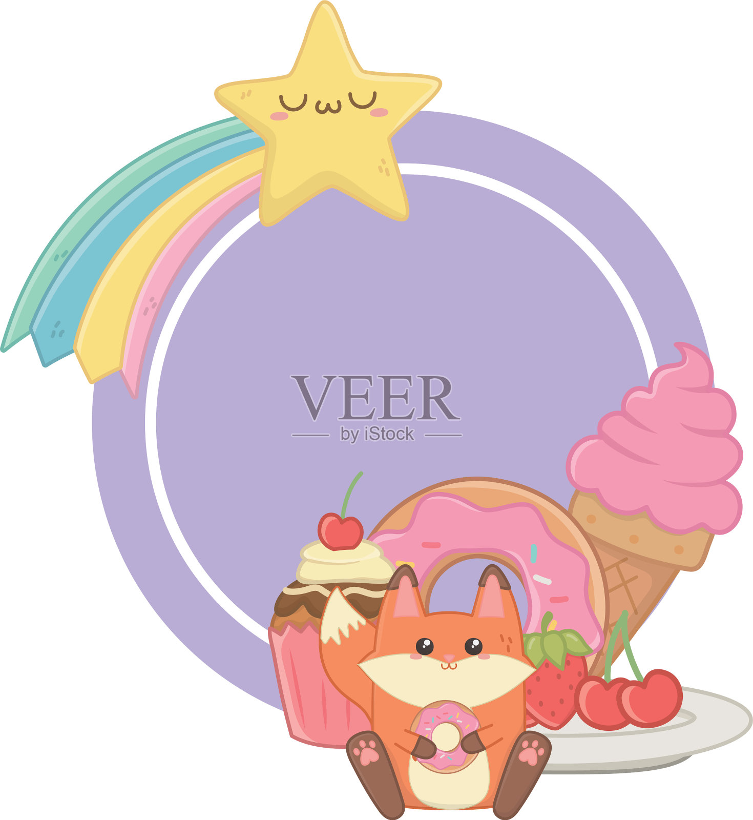 可爱的狐狸卡通和甜点设计设计元素图片