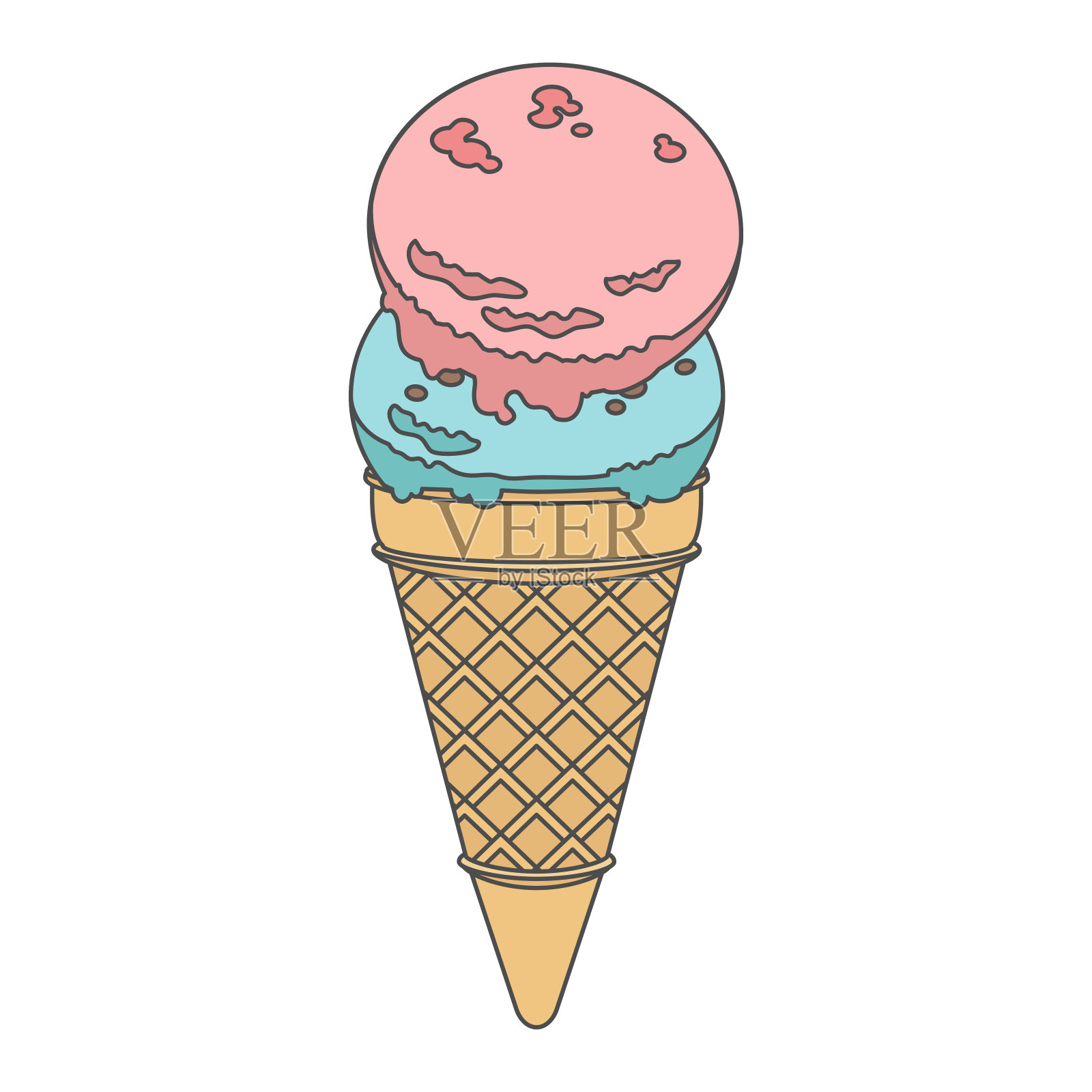 手绘风格矢量插图的草莓和薄荷巧克力片冰淇淋孤立的背景。设计元素图片