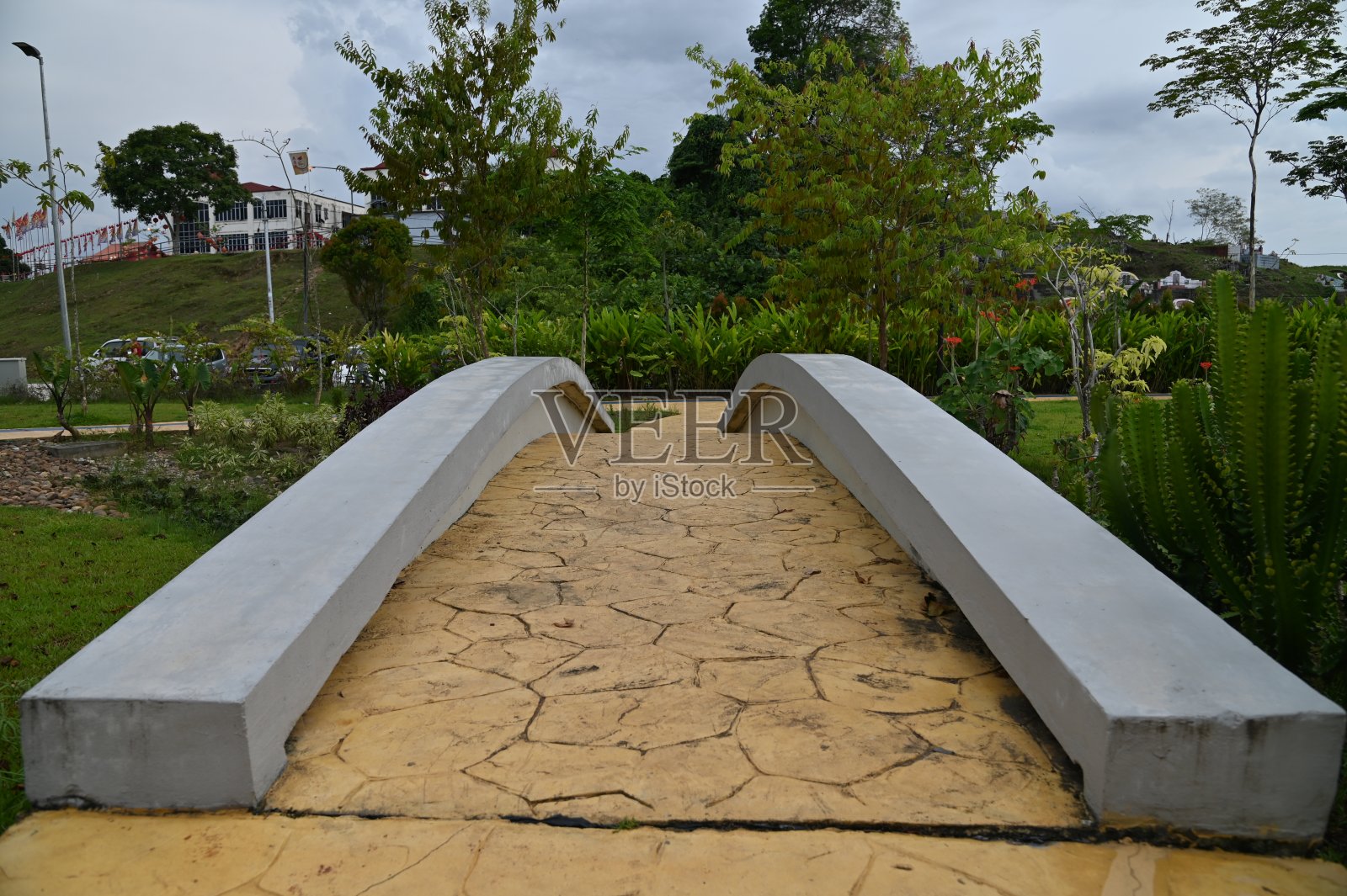 拔土川滨江公园、地标性的天空桥及其周边公园照片摄影图片