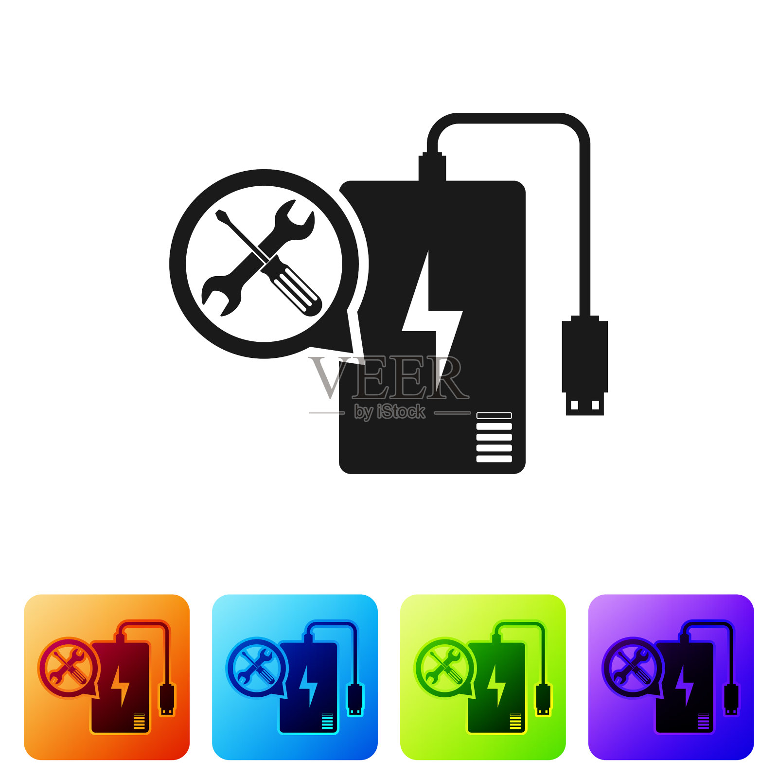 黑色电源银行与螺丝刀和扳手图标插画图片素材