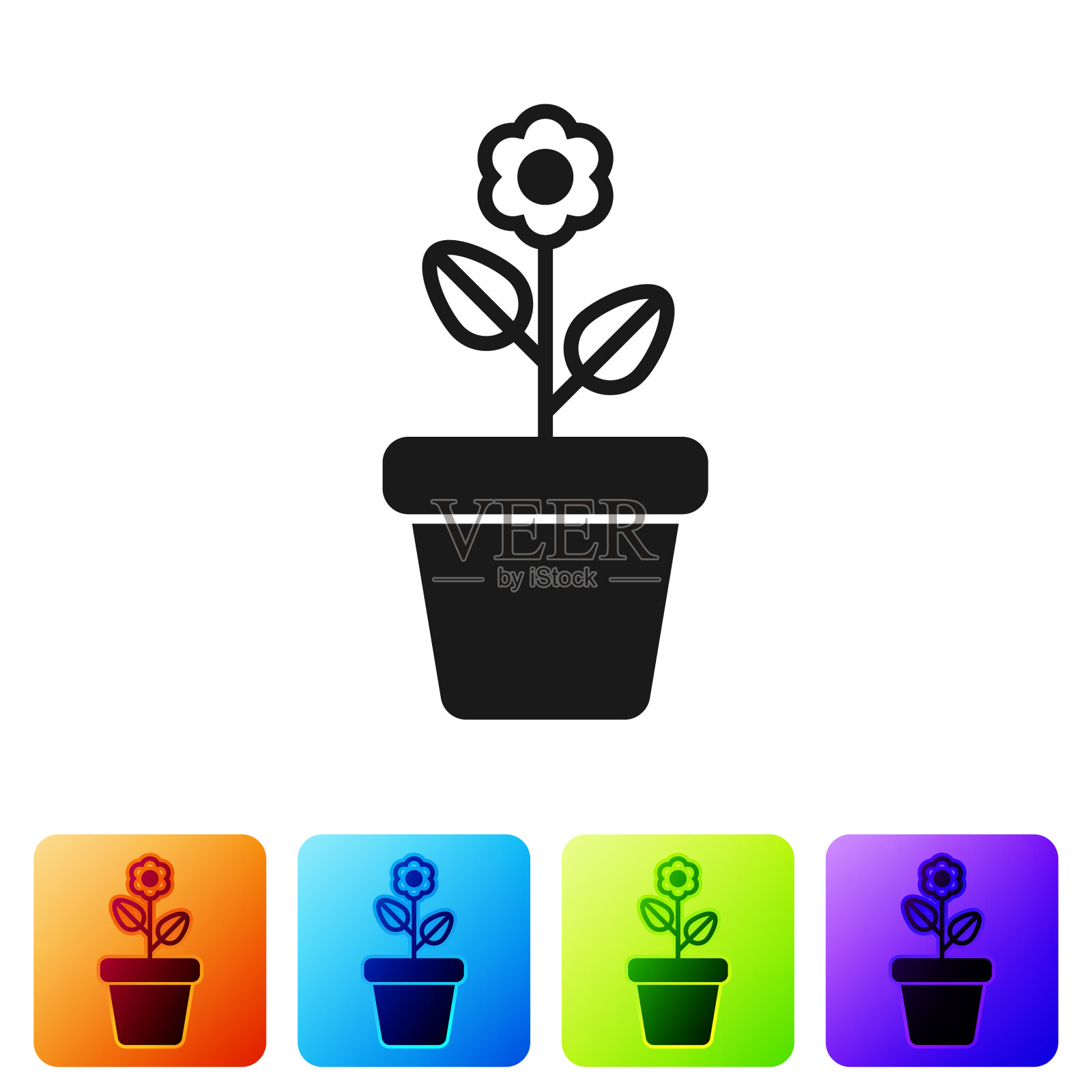 黑色的花在花盆图标孤立在白色插画图片素材