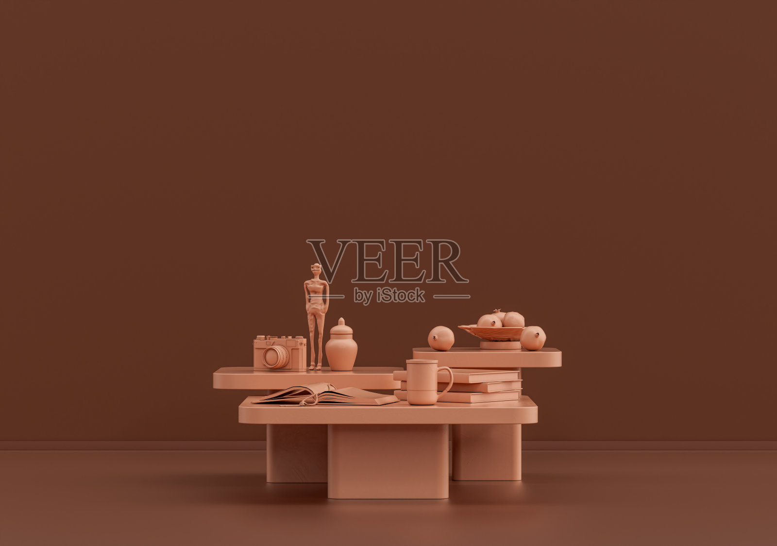 单咖啡桌，咖啡杯和书在单色棕色的房间照片摄影图片