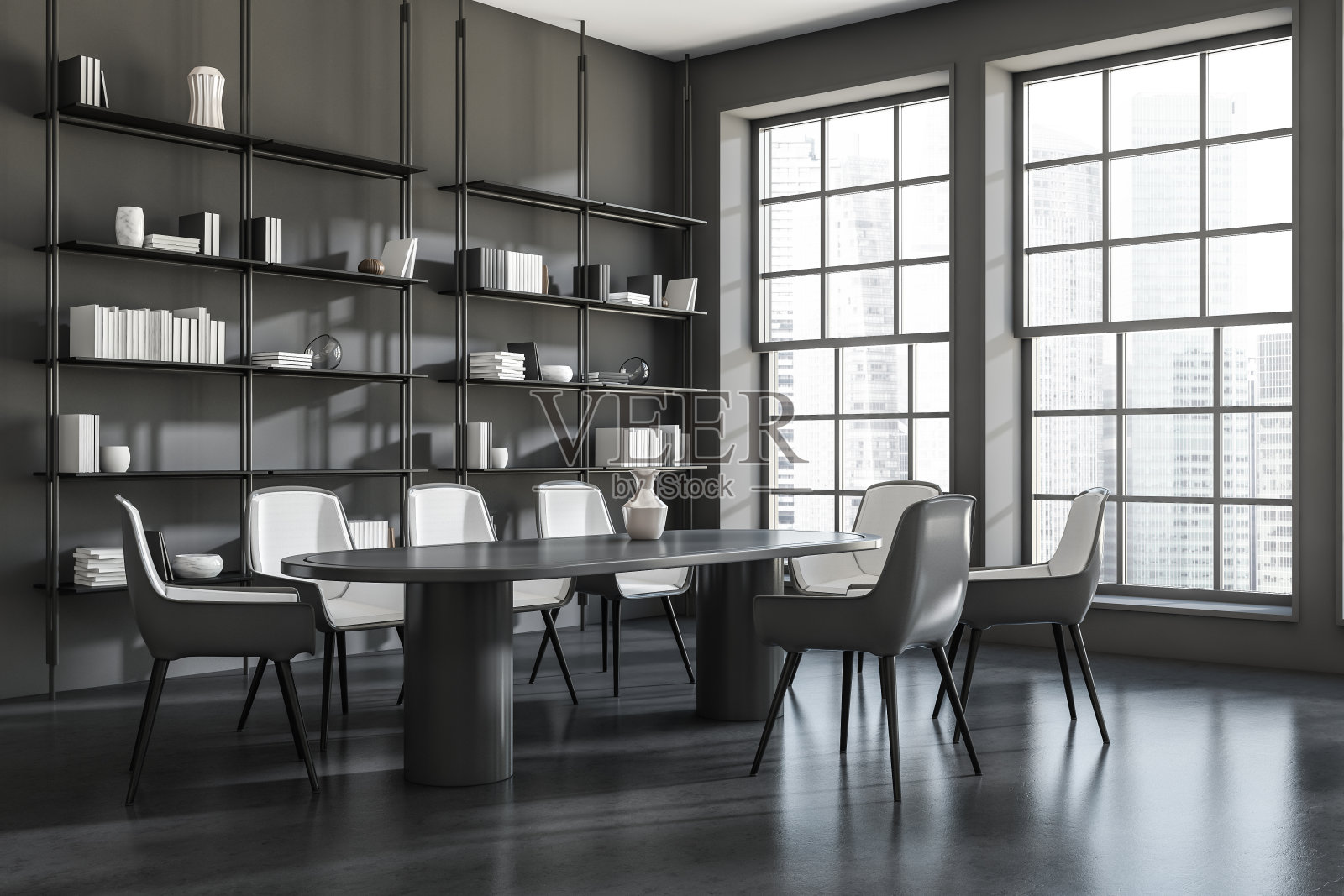 带会议板的黑暗办公室室内的角落视图照片摄影图片