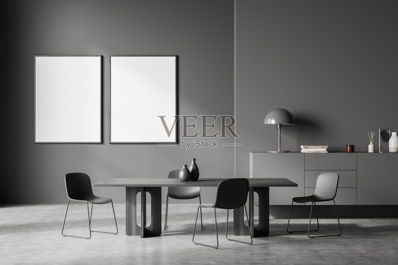 灰色客房内部设有座椅、抽屉和装饰。模型框架照片摄影图片