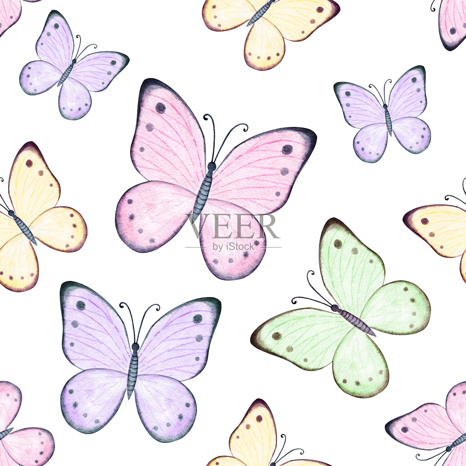 水彩可爱的蝴蝶无缝图案上的白色设计元素图片