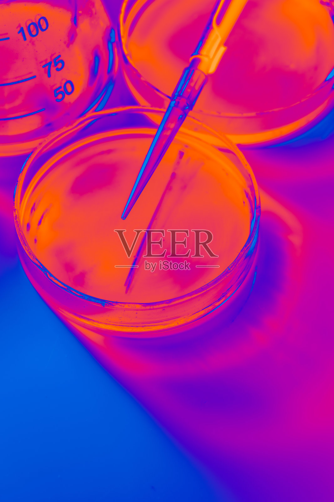 有盖培养皿、移液管和烧瓶，颜色鲜艳照片摄影图片