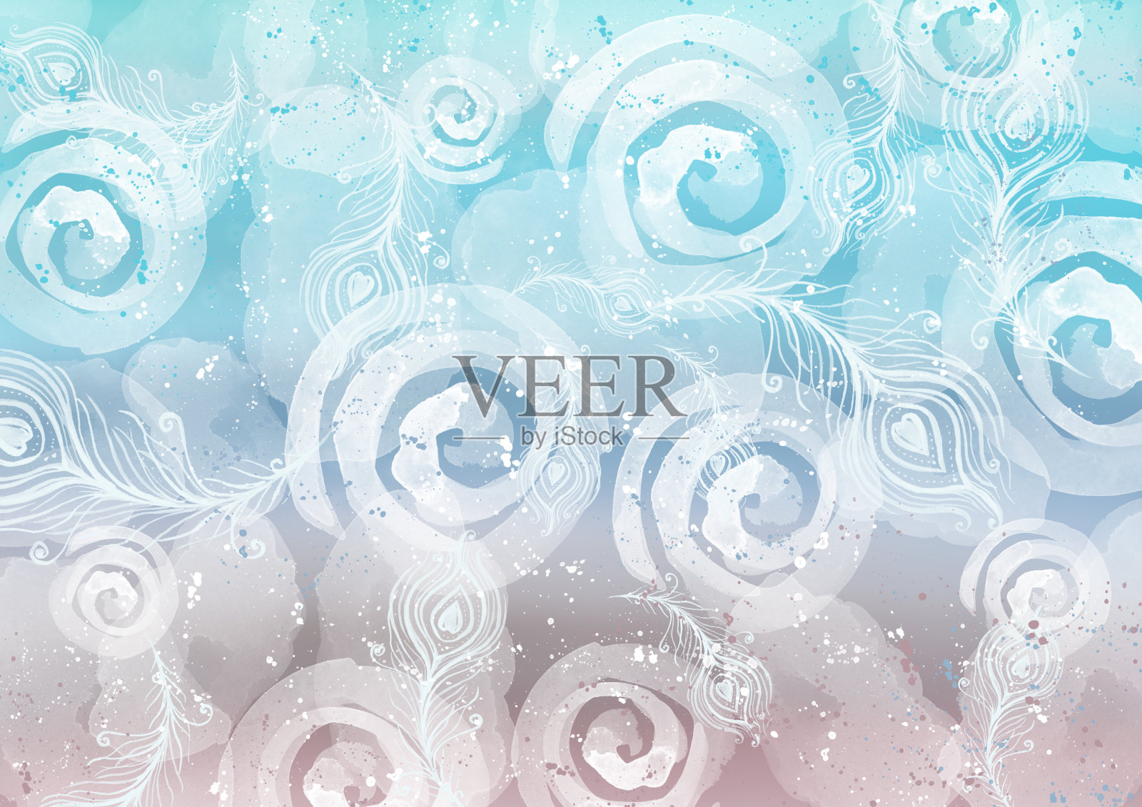 水彩普罗旺斯冬季背景。白色圆圈或螺旋飞溅和羽毛彩色蓝色和紫色梯度背景插画图片素材