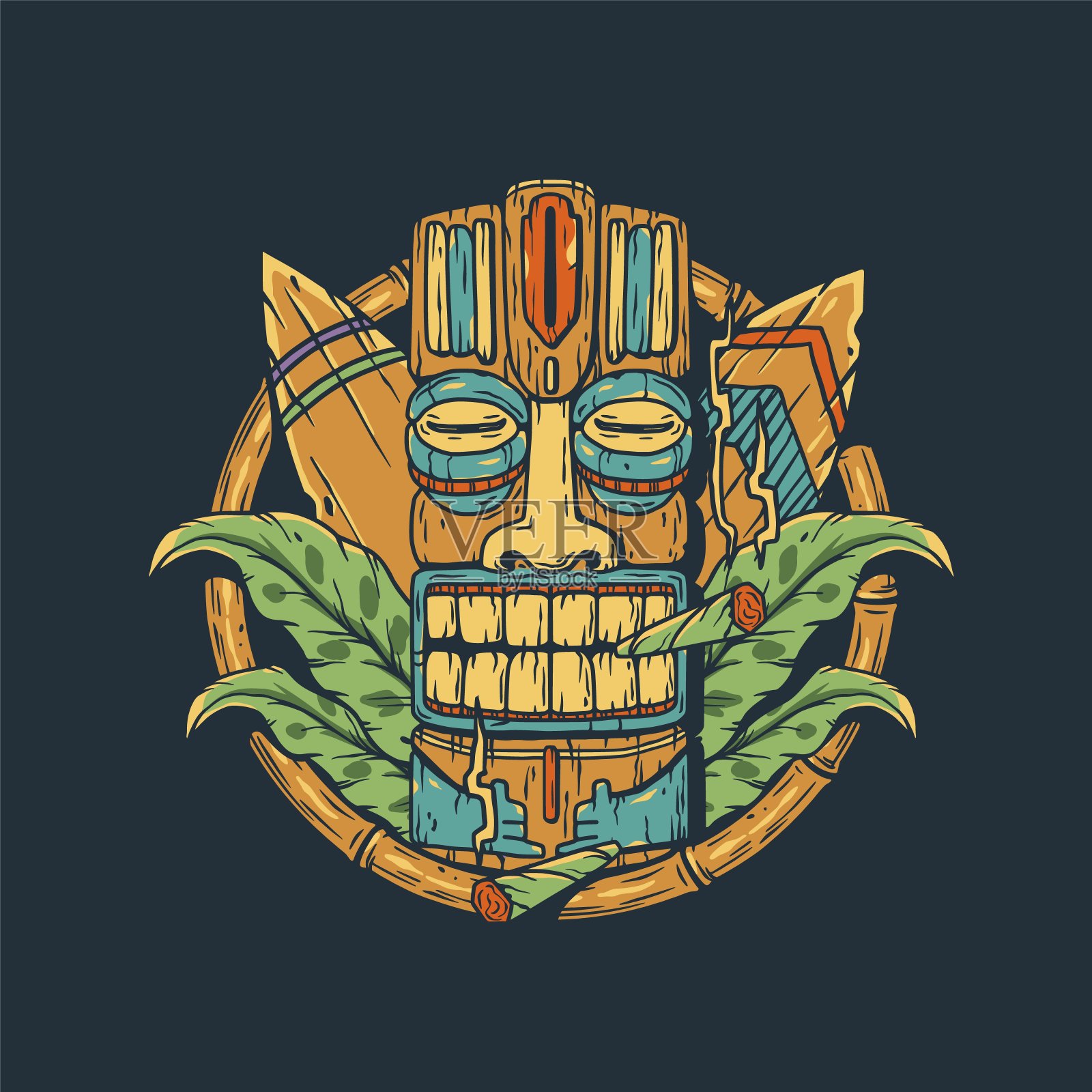 带冲浪和热带树叶的冲浪面具插画图片素材