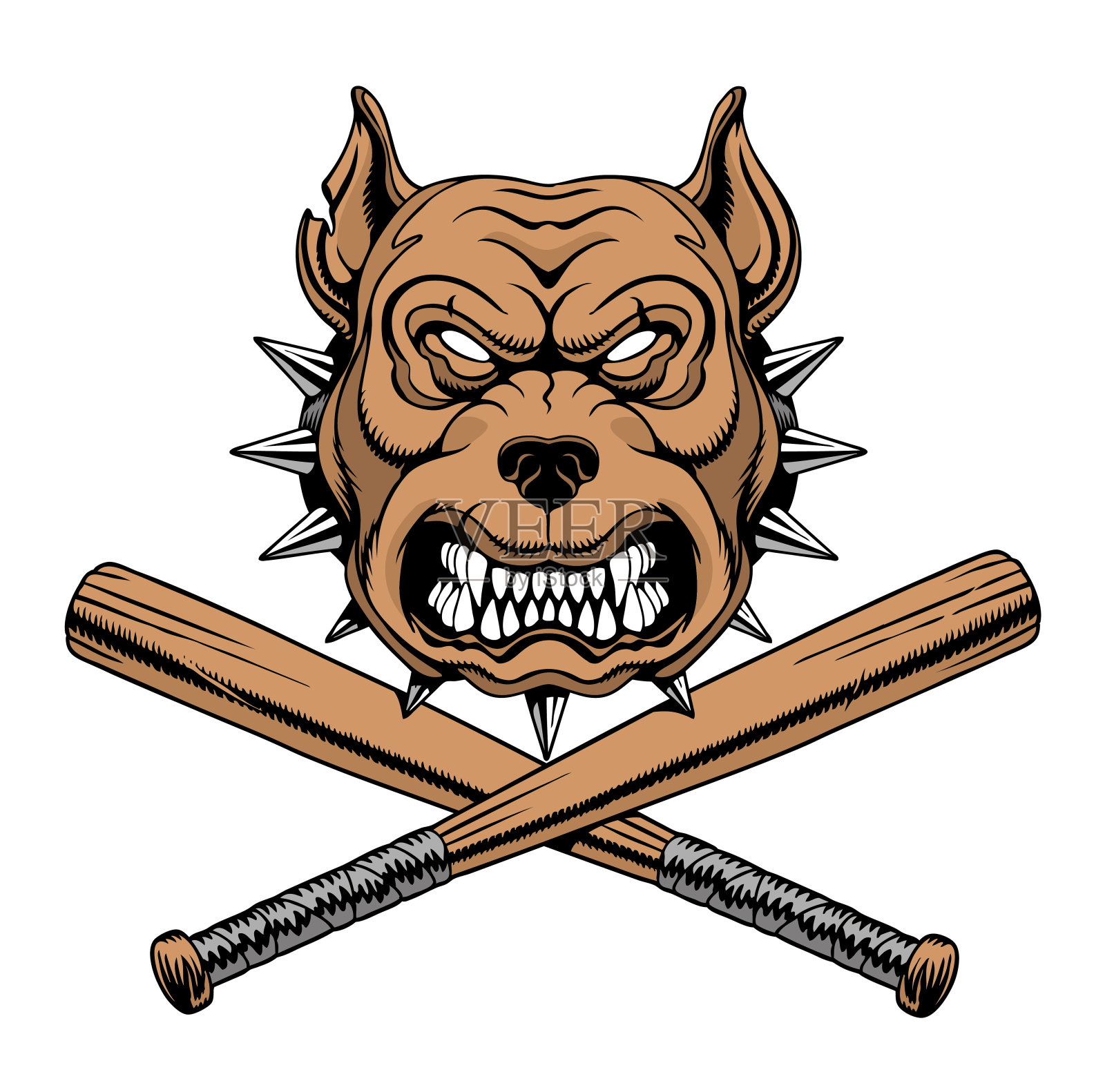 愤怒的斗牛犬头和棒球棒。矢量插图。插画图片素材