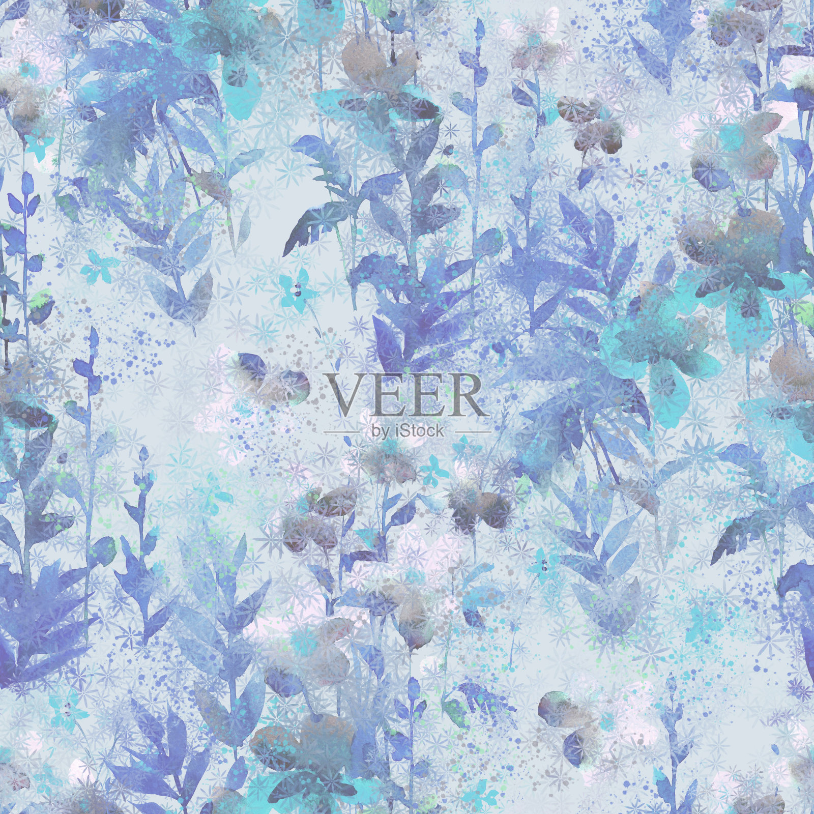 水彩花卉无缝图案与模糊普罗旺斯植物剪影。春天的自然背景，草地上的花朵被污渍和油漆的飞溅，grunge纹理。黑白颜色。插画图片素材