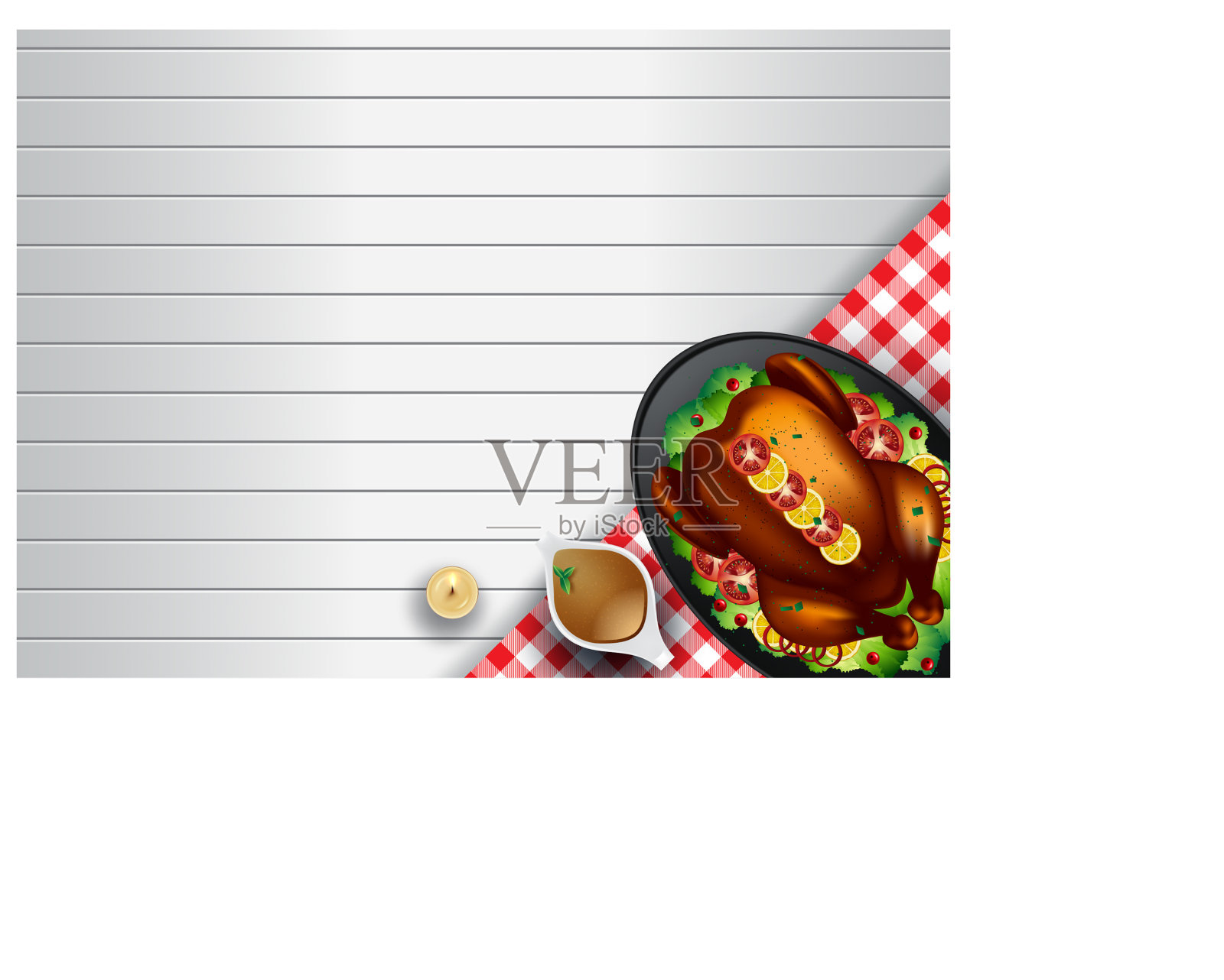 白色木桌上的感恩节火鸡大餐插画图片素材