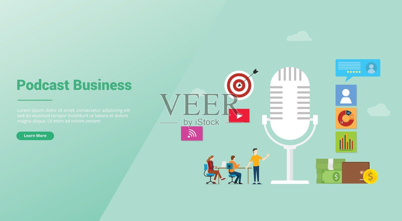 播客的经营理念与图标和团队插画图片素材