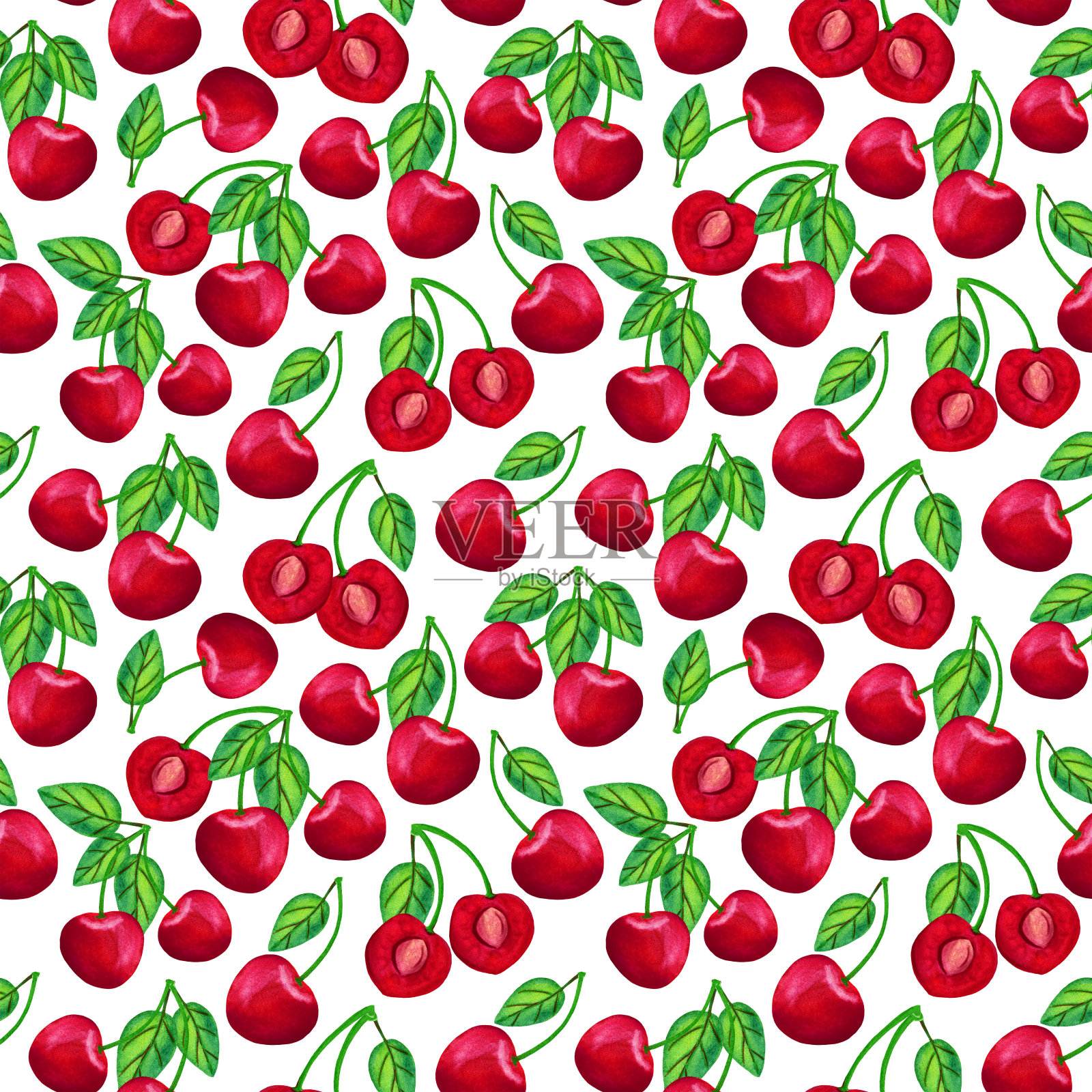酸樱桃水彩无缝图案的白色背景插画图片素材