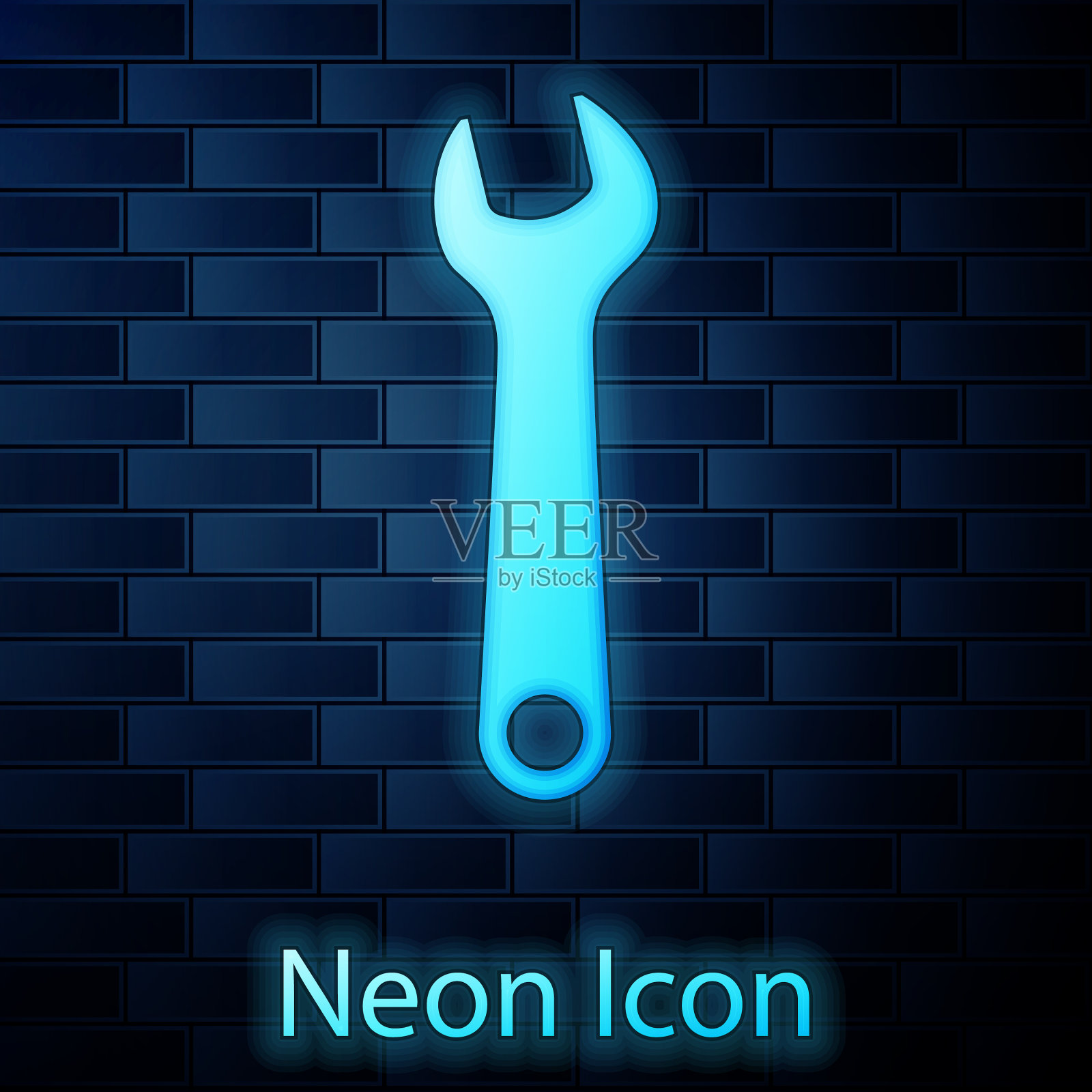 发光的霓虹灯扳手图标孤立在砖墙上插画图片素材