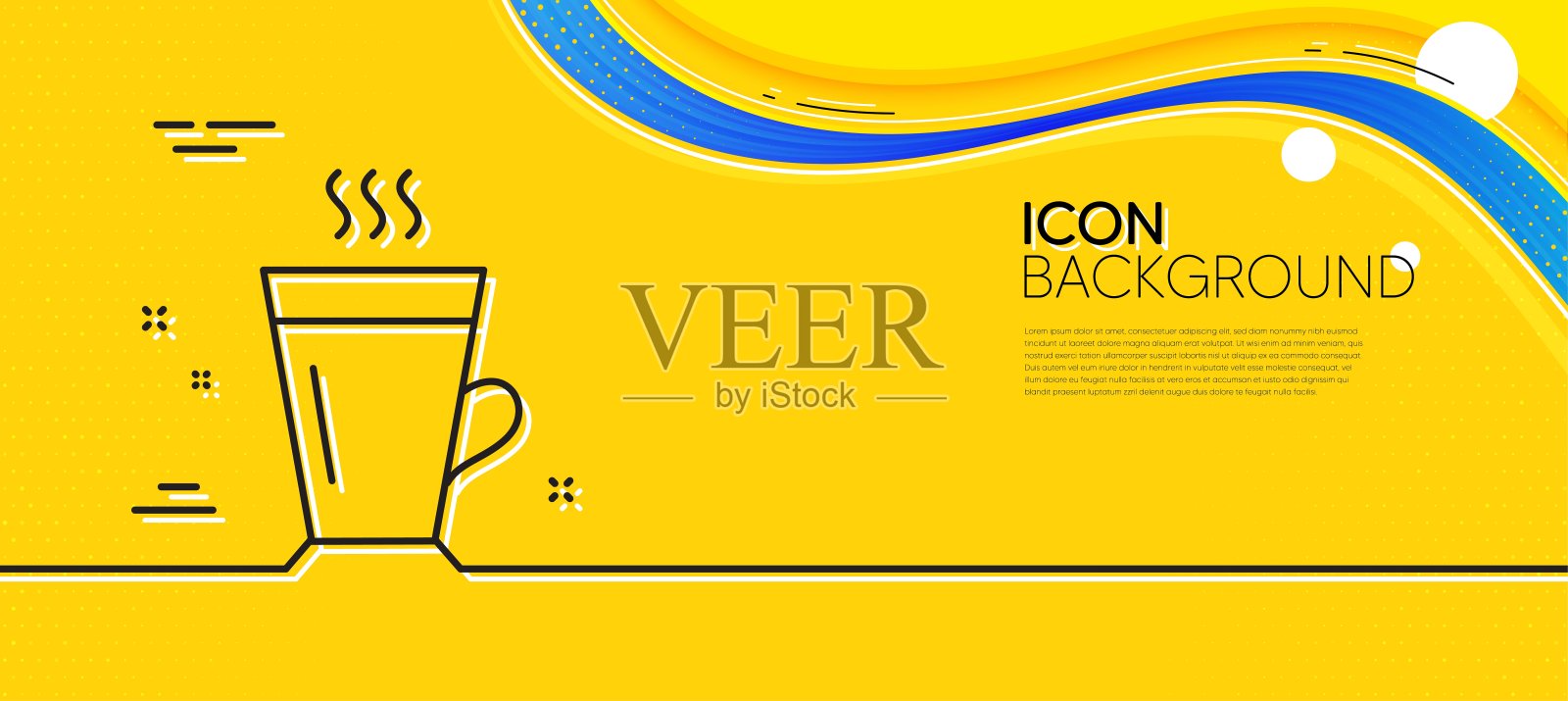 拿铁咖啡行图标。“热咖啡或茶”标志。最小线黄色横幅。向量插画图片素材