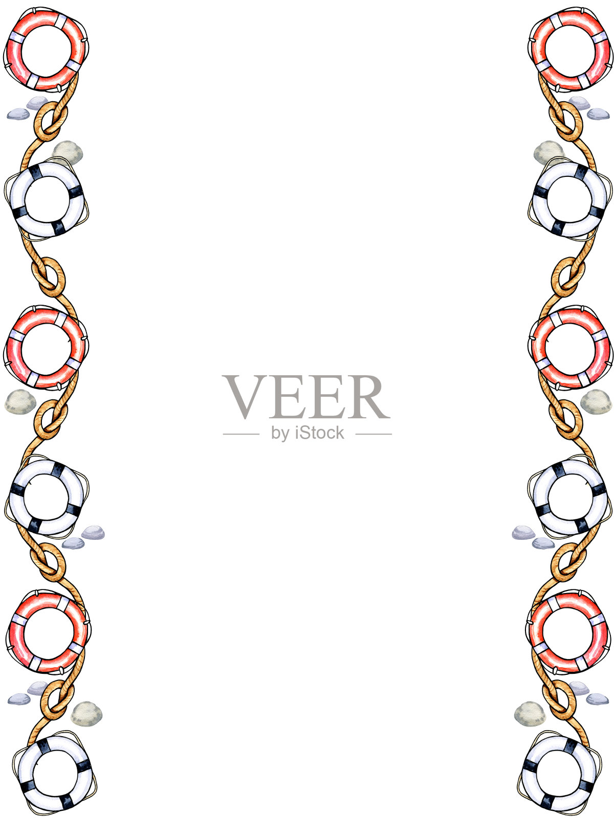 水彩边界与生命线，救生员和结在白色背景。水彩插图。手绘草图。插画图片素材