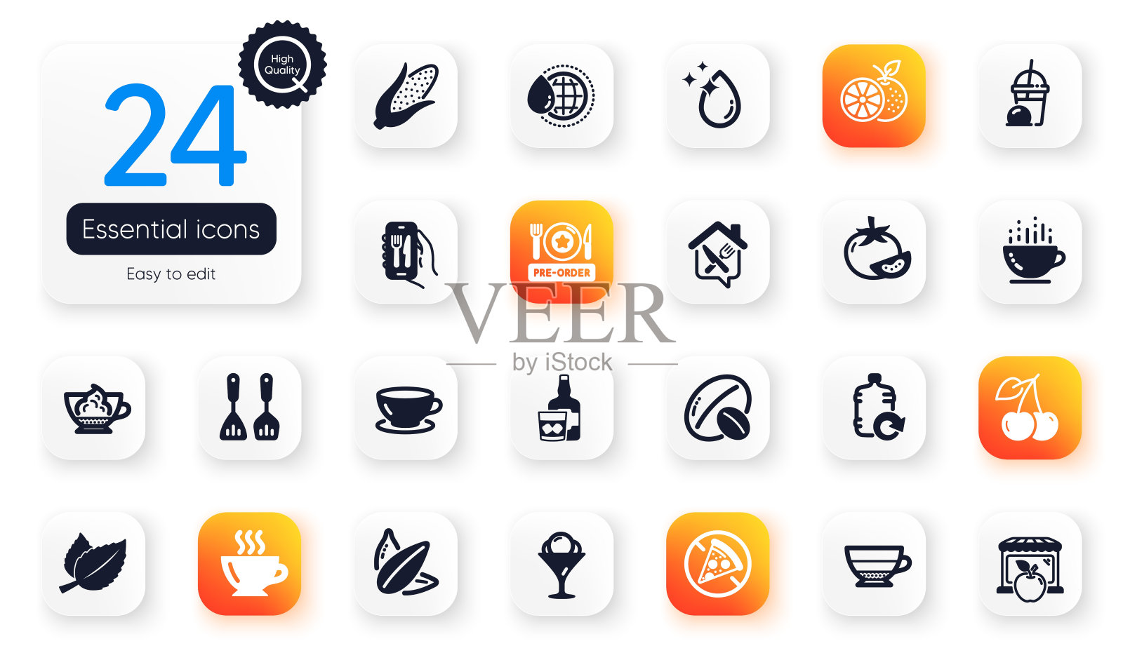 一套食物和饮料的平面图标。橙色，禁止食品和冰淇淋奶昔元素的web应用程序。向量图标素材