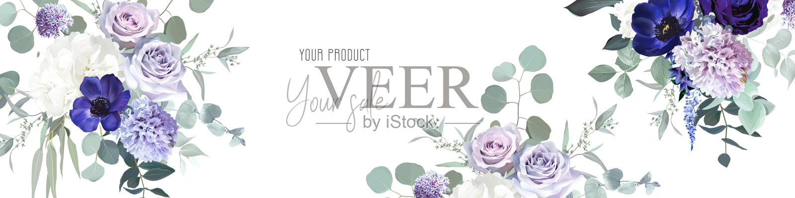 长春花紫，紫银莲花，灰紫色和淡紫色玫瑰，白色绣球，风信子插画图片素材