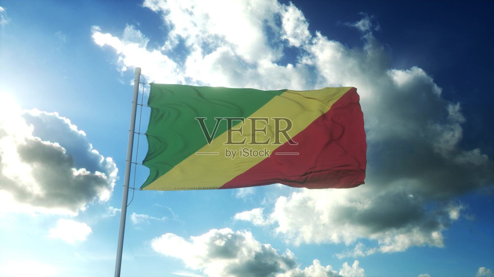 刚果共和国国旗迎风飘扬，映衬着美丽的蓝天。三维渲染照片摄影图片