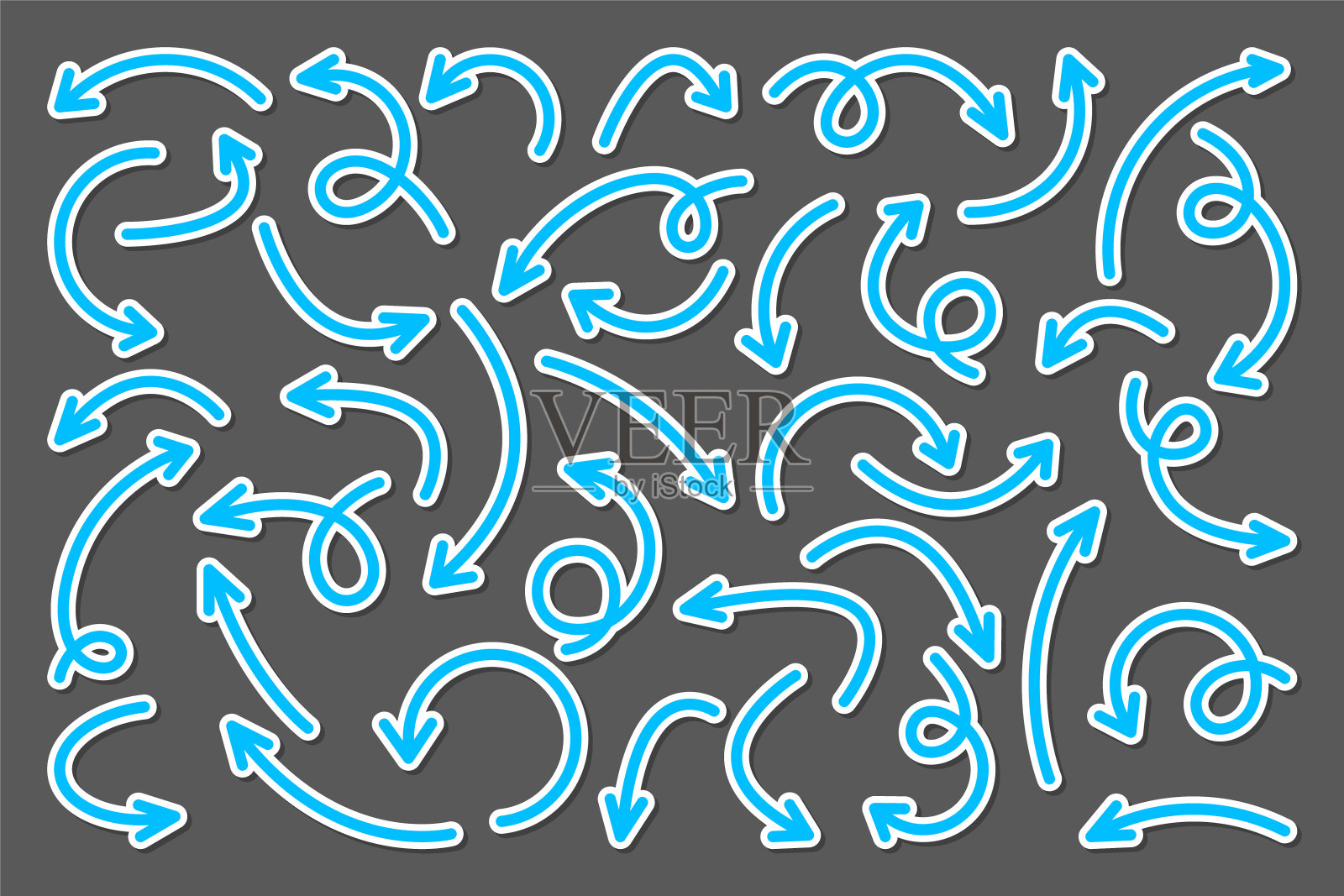 彩色手绘箭头贴纸套装。蓝色指针集合。不同形状的简单箭头。方向的迹象。矢量插图。设计元素图片