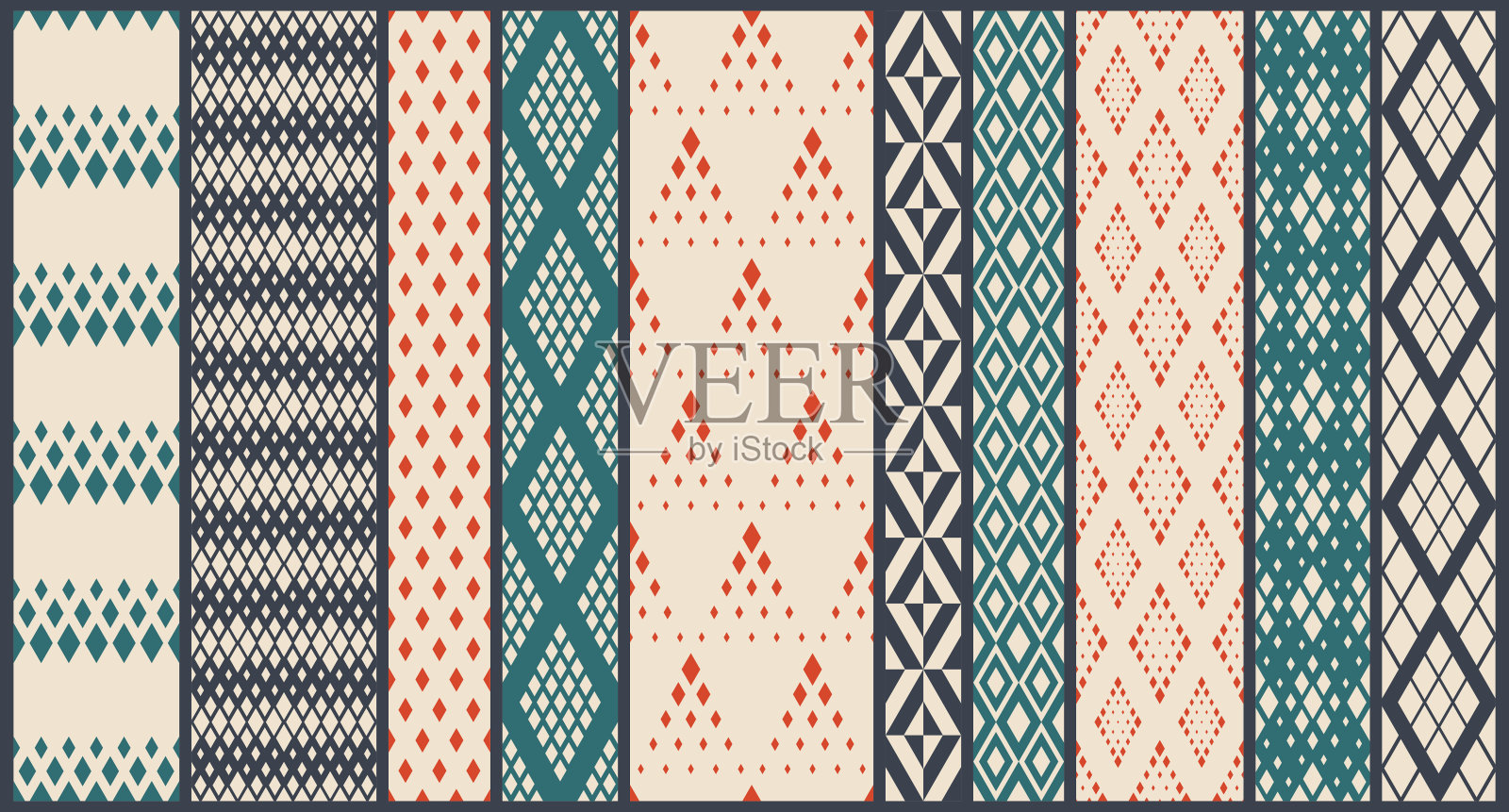 菱形无缝几何矢量图案集，菱形简单黑白壁纸背景，民族民间刺绣或地毯风格图像集合。插画图片素材