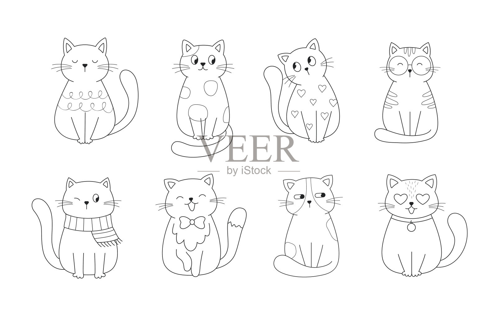 可爱的猫。但其国内有趣。在白色背景上孤立的线性向量插图集。插画图片素材