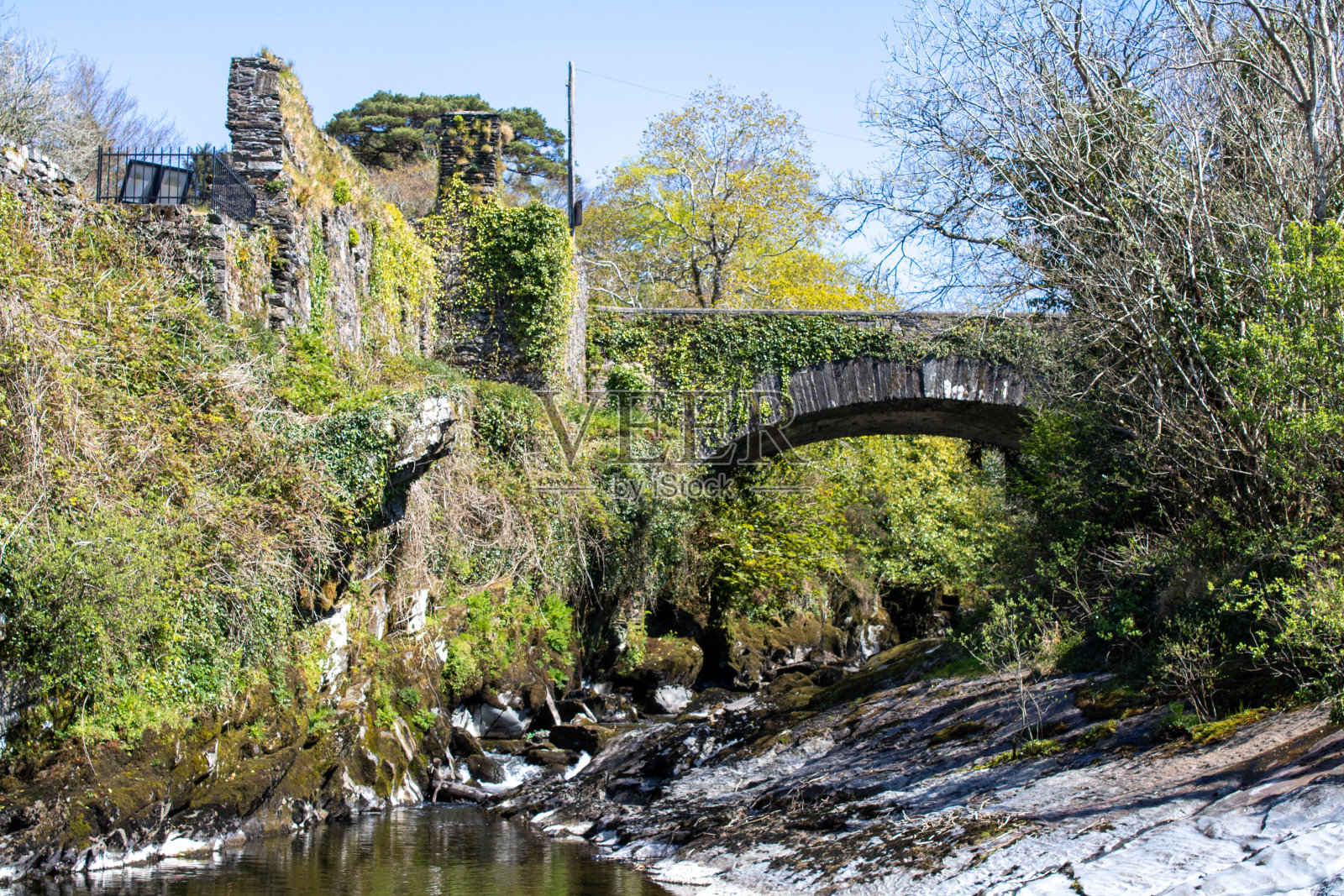 西科克爱尔兰，石拱桥在流淌的小溪上照片摄影图片