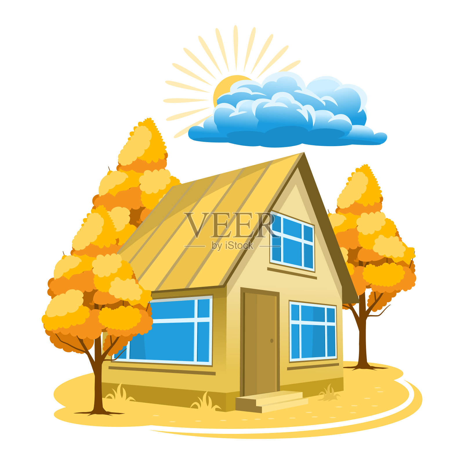 秋天的风景。树木环绕的房子设计元素图片