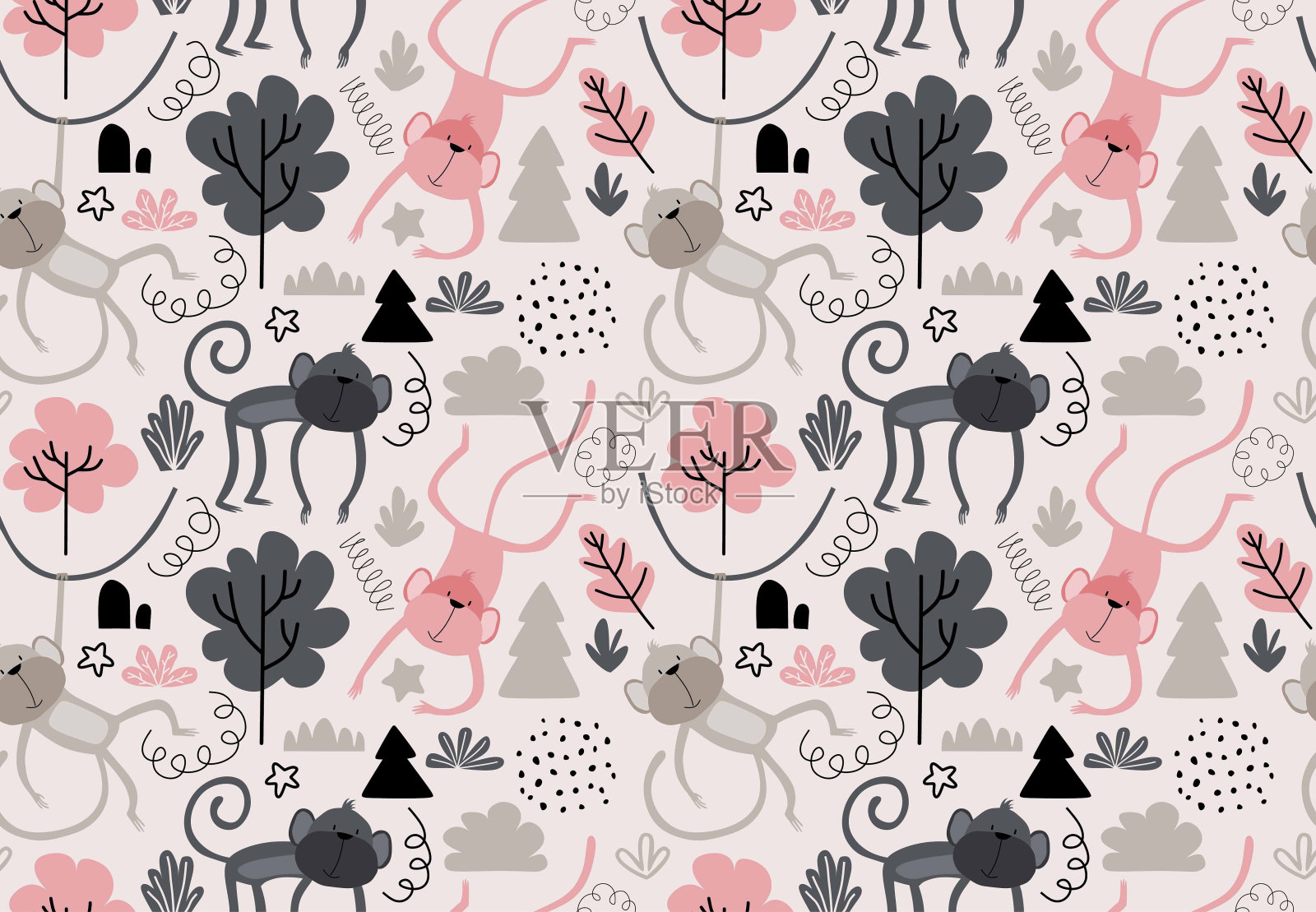 矢量无缝模式与猴子。插画图片素材