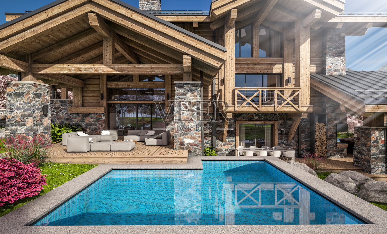 3d渲染现代舒适的小木屋在春天照片摄影图片