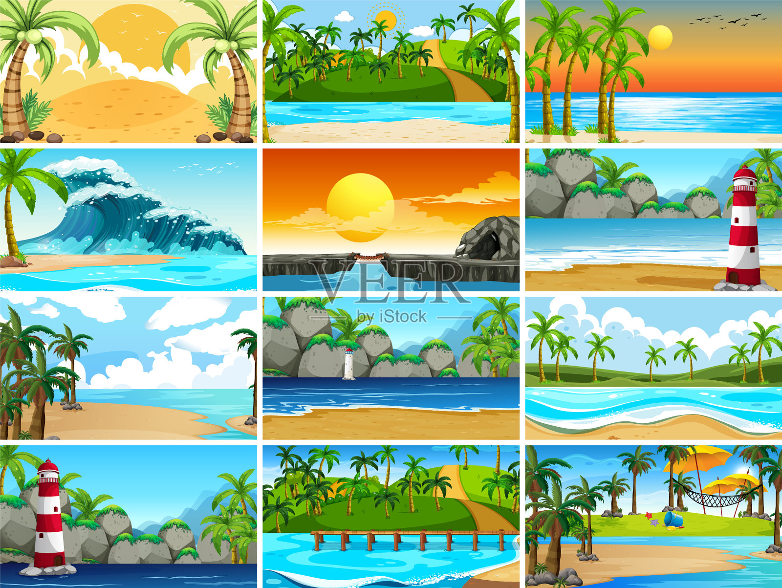 海滩设置热带海洋自然景观插画图片素材