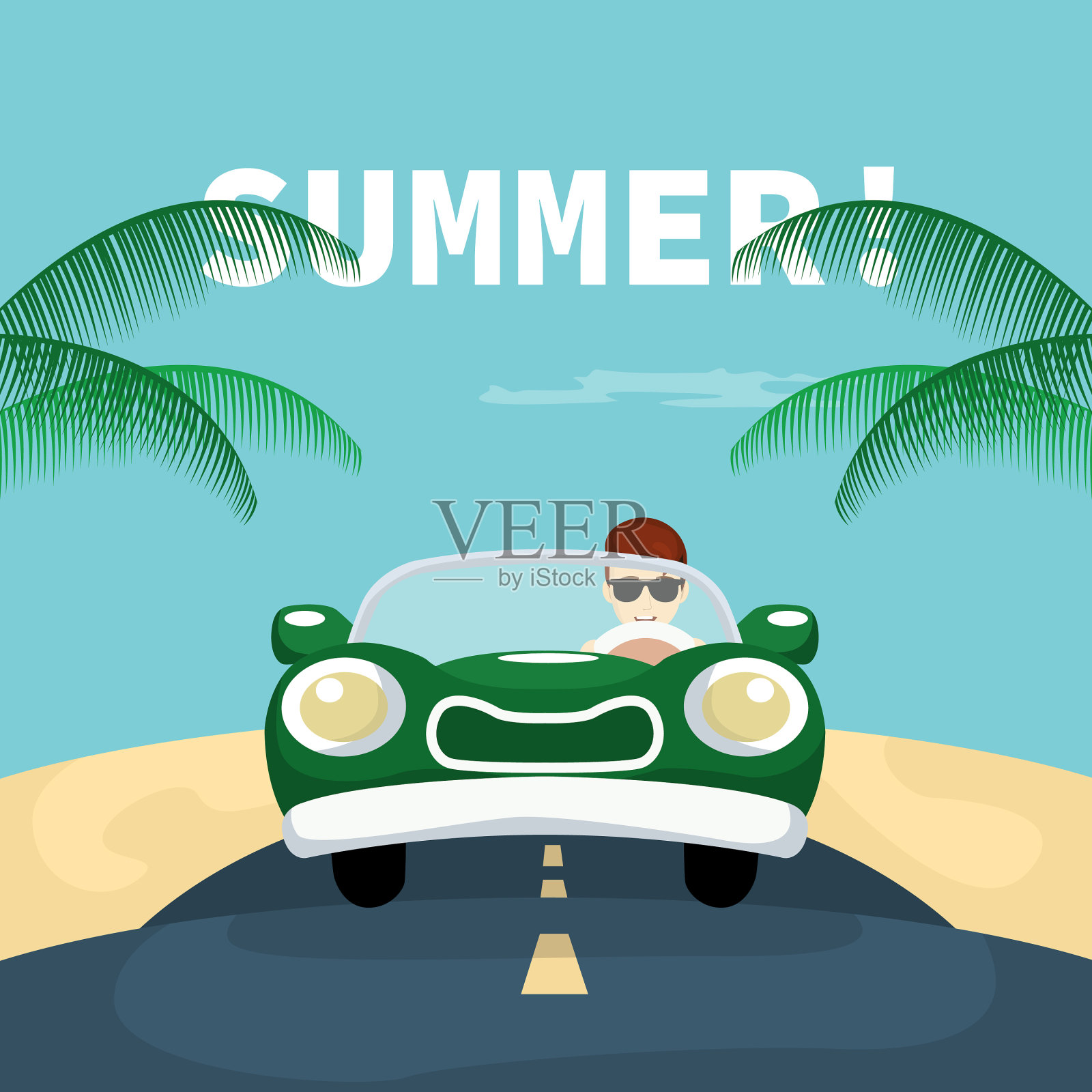 去海滩的假日路上的汽车插画图片素材