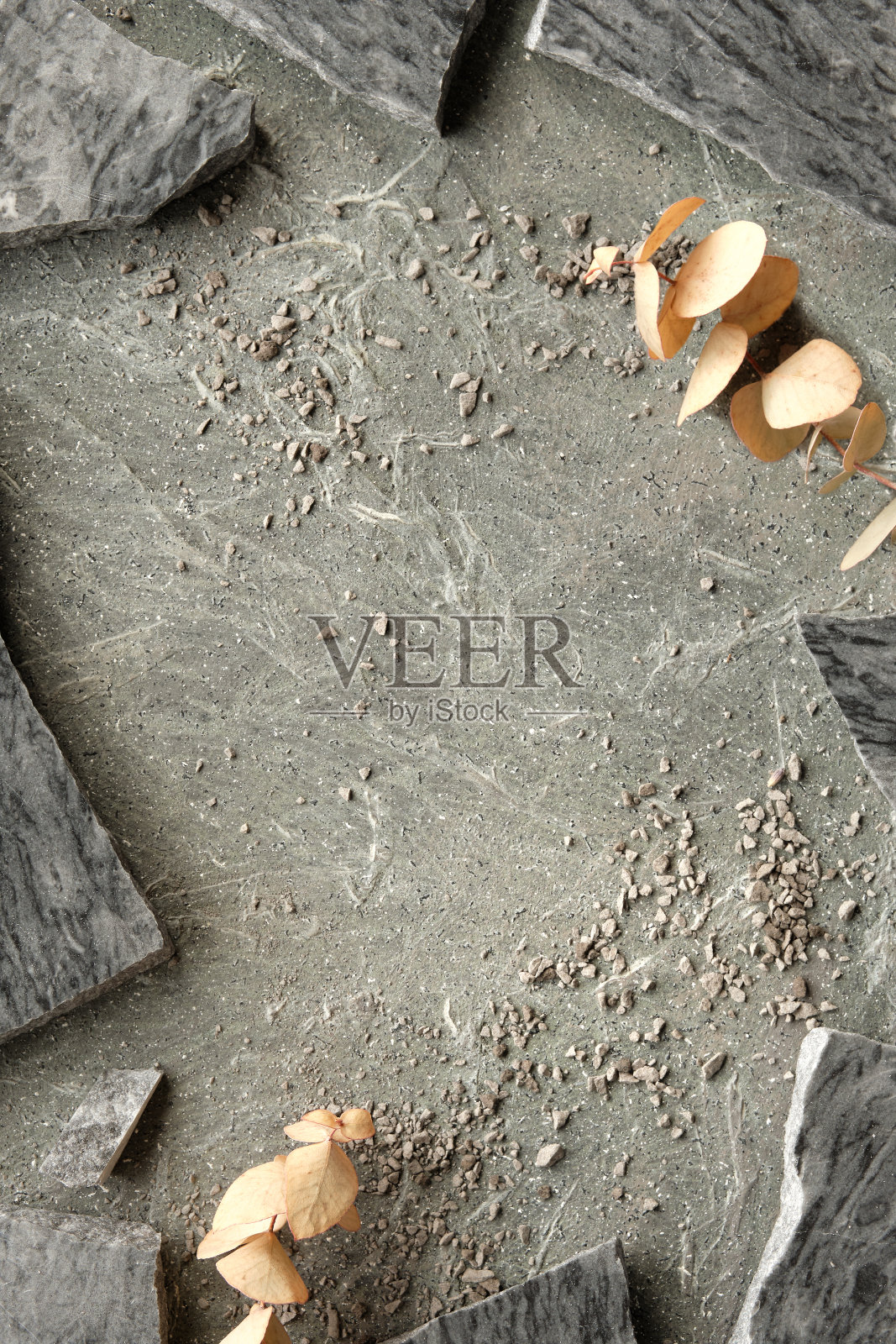 层状平坦的石头背景用碎裂的花岗岩片板，干燥的桉树香叶照片摄影图片