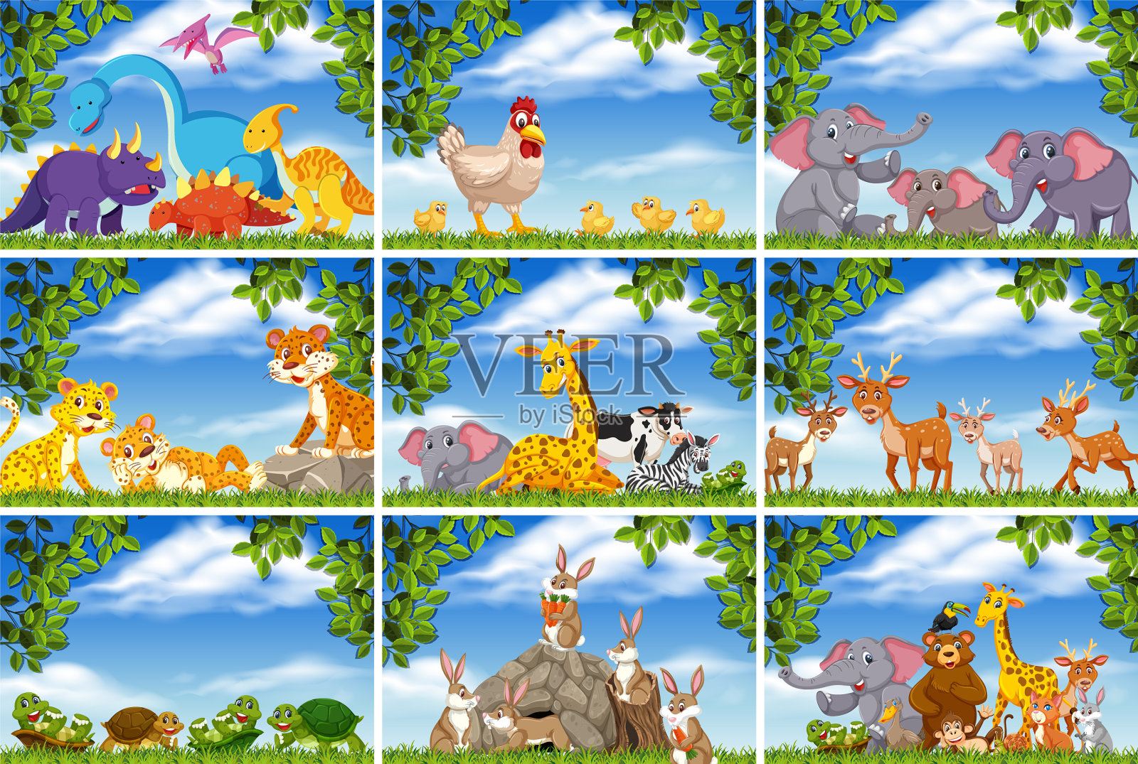 在自然场景中设置各种动物插画图片素材