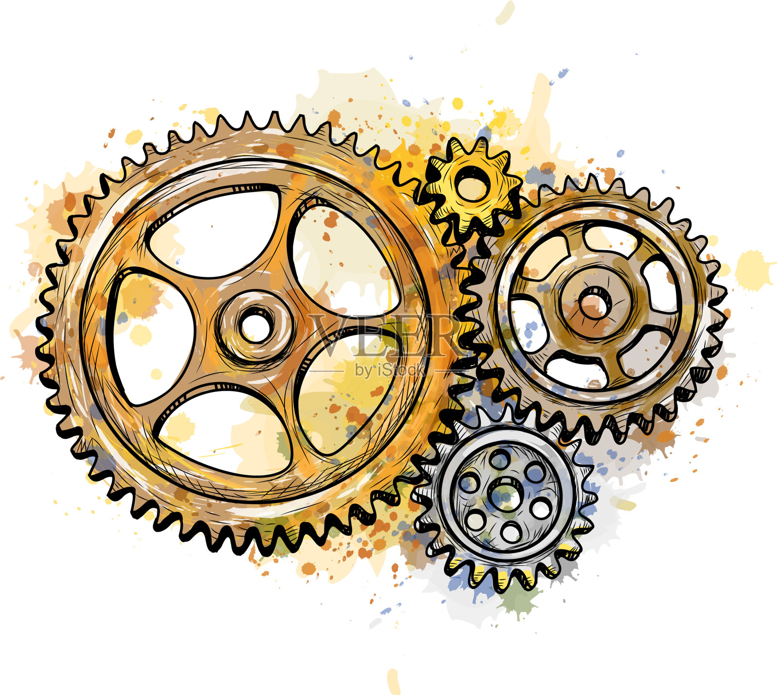 齿轮从飞溅水彩手绘插画图片素材