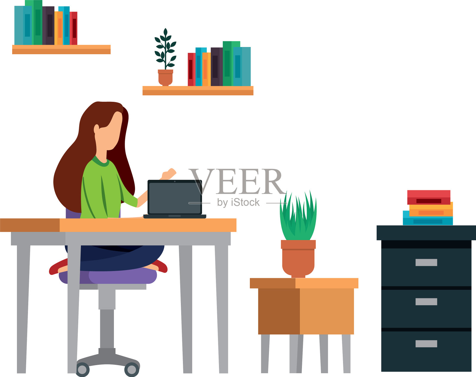 优雅的女商人在办公室工作插画图片素材