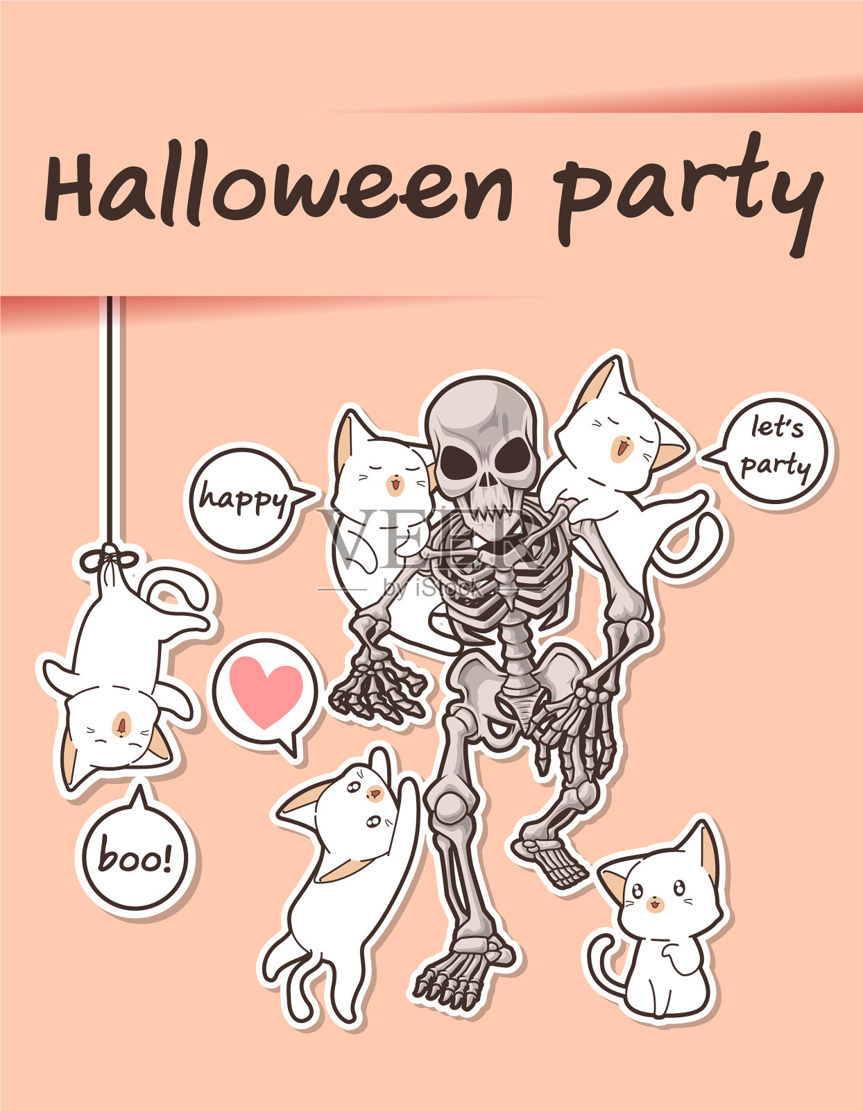 可爱的猫和骷髅在万圣节派对插画图片素材