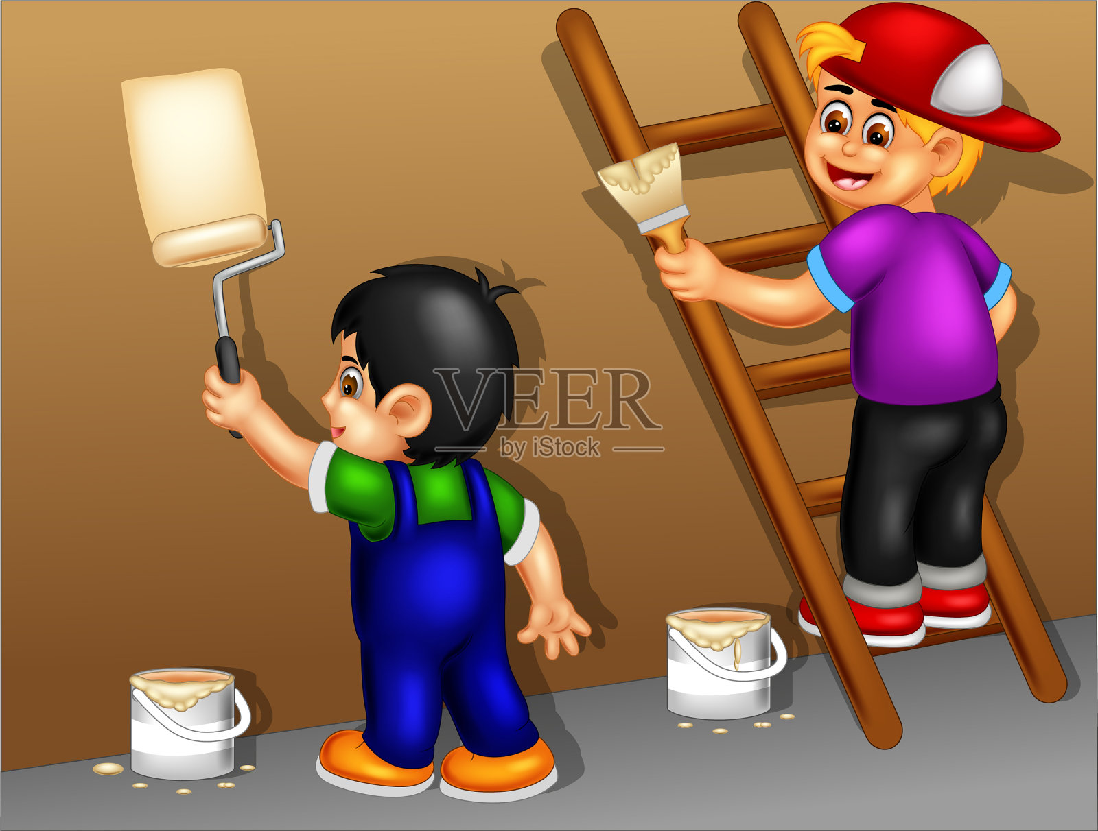 有趣的两个男孩在墙上画卡通画插画图片素材