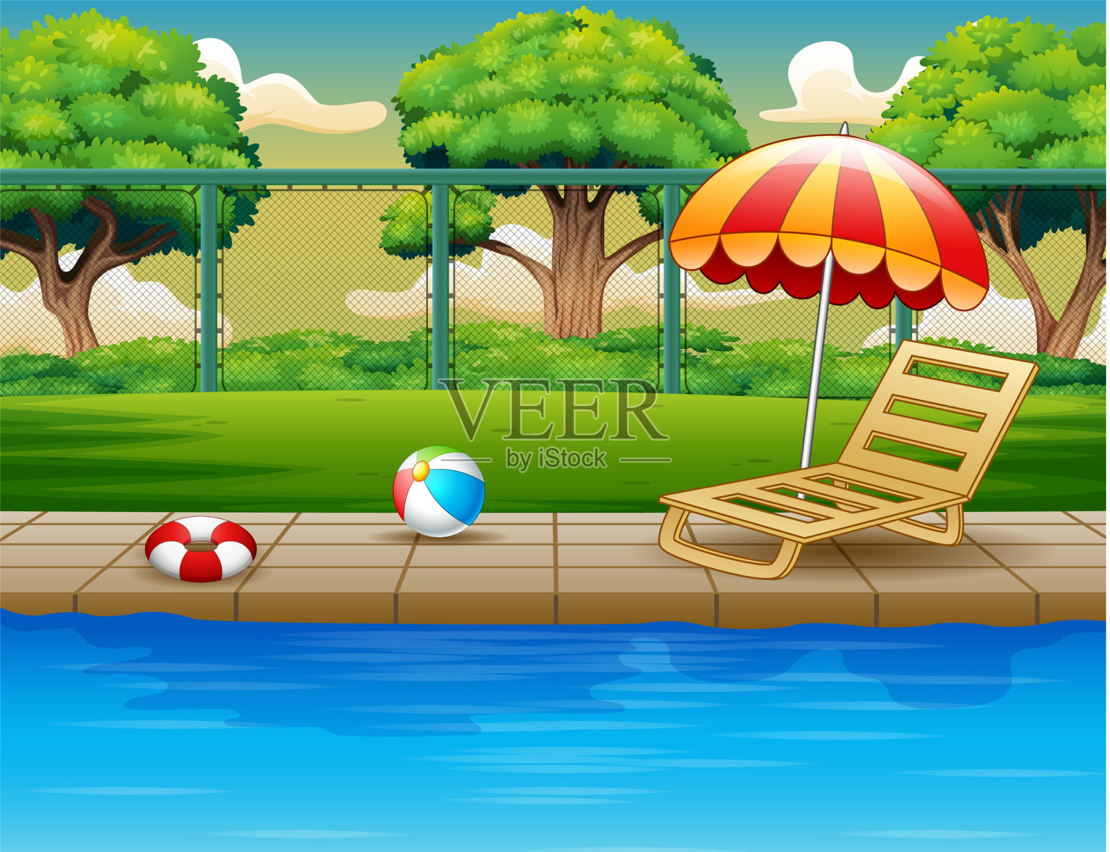 室外游泳池，配有躺椅和玩具插画图片素材