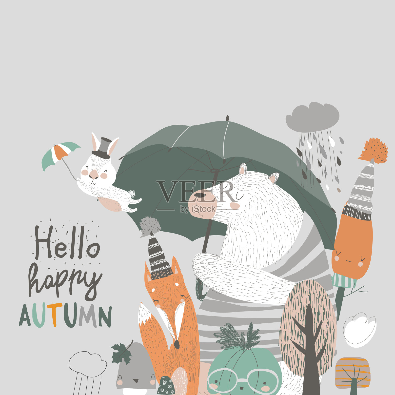 有趣的动物伞下秋天的时间下雨插画图片素材