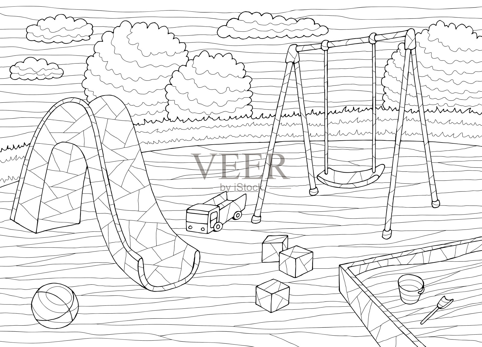 操场着色图形黑白风景素描插图矢量插画图片素材