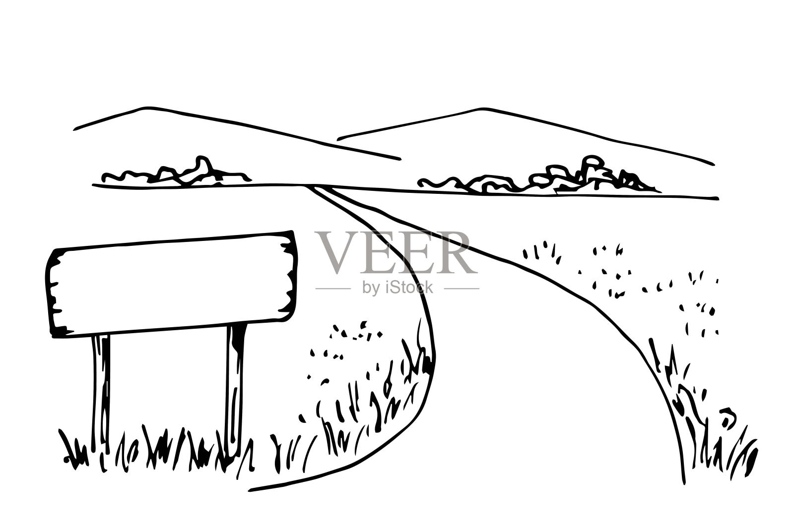 简单的黑色轮廓矢量绘图。夏天的风景，乡村旅行，转弯的道路。地平线上的群山，大自然。旅游旅游，指针，招牌。插画图片素材