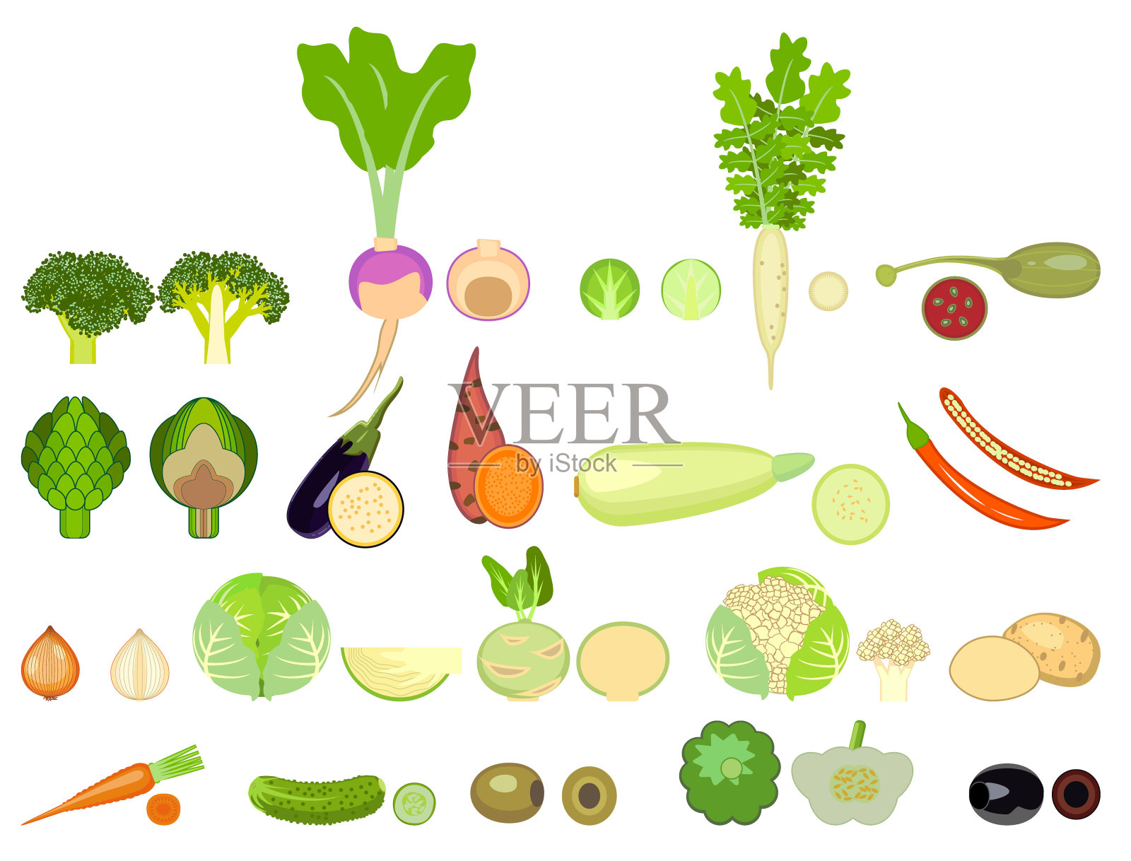一组不同种类蔬菜的图标。插画图片素材