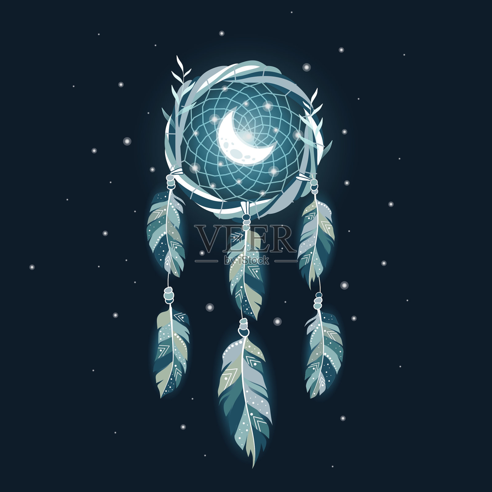 带有发光新月的详细捕梦网。插画图片素材